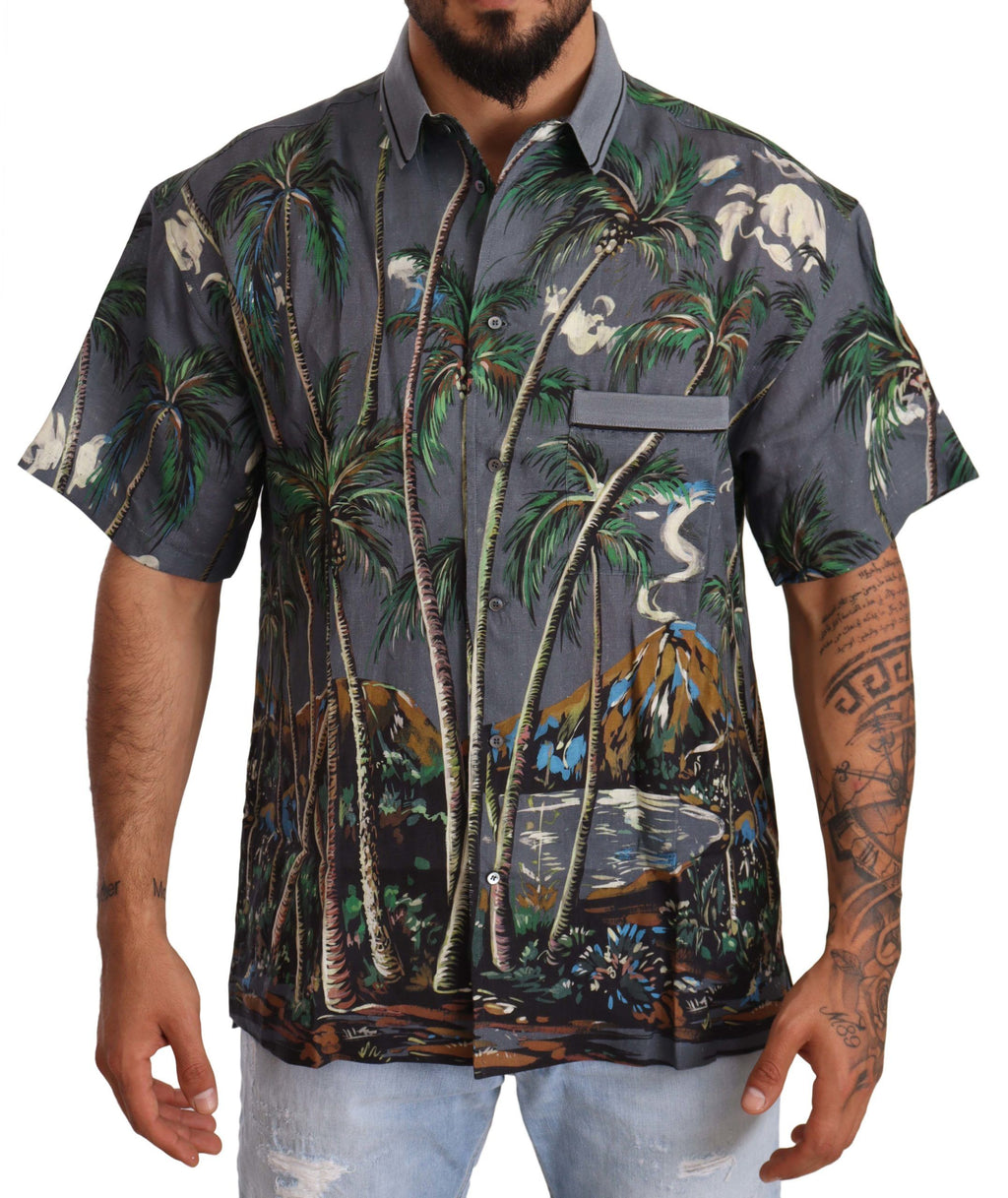 Chemise col à revers Dolce & Gabbana en lin gris avec imprimé tropical, style élégant et décontracté.