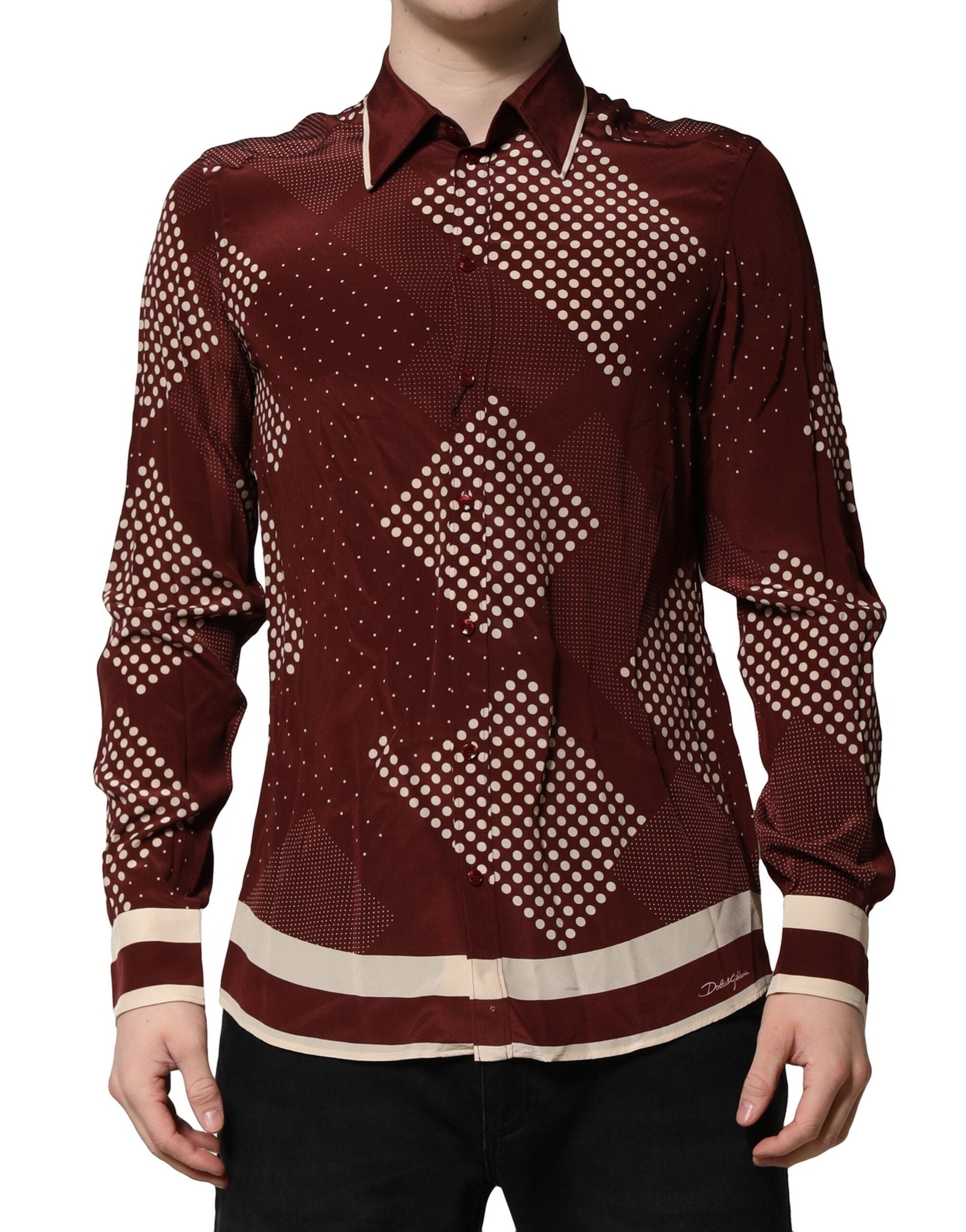 Chemise longue en soie marron avec pois Dolce & Gabbana, manches longues et style casual élégante.