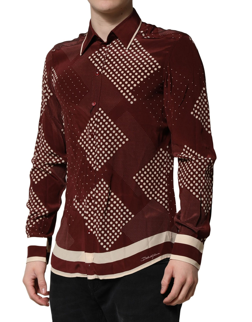 Chemise en soie marron à pois Dolce & Gabbana à manches longues pour un style décontracté et élégant.