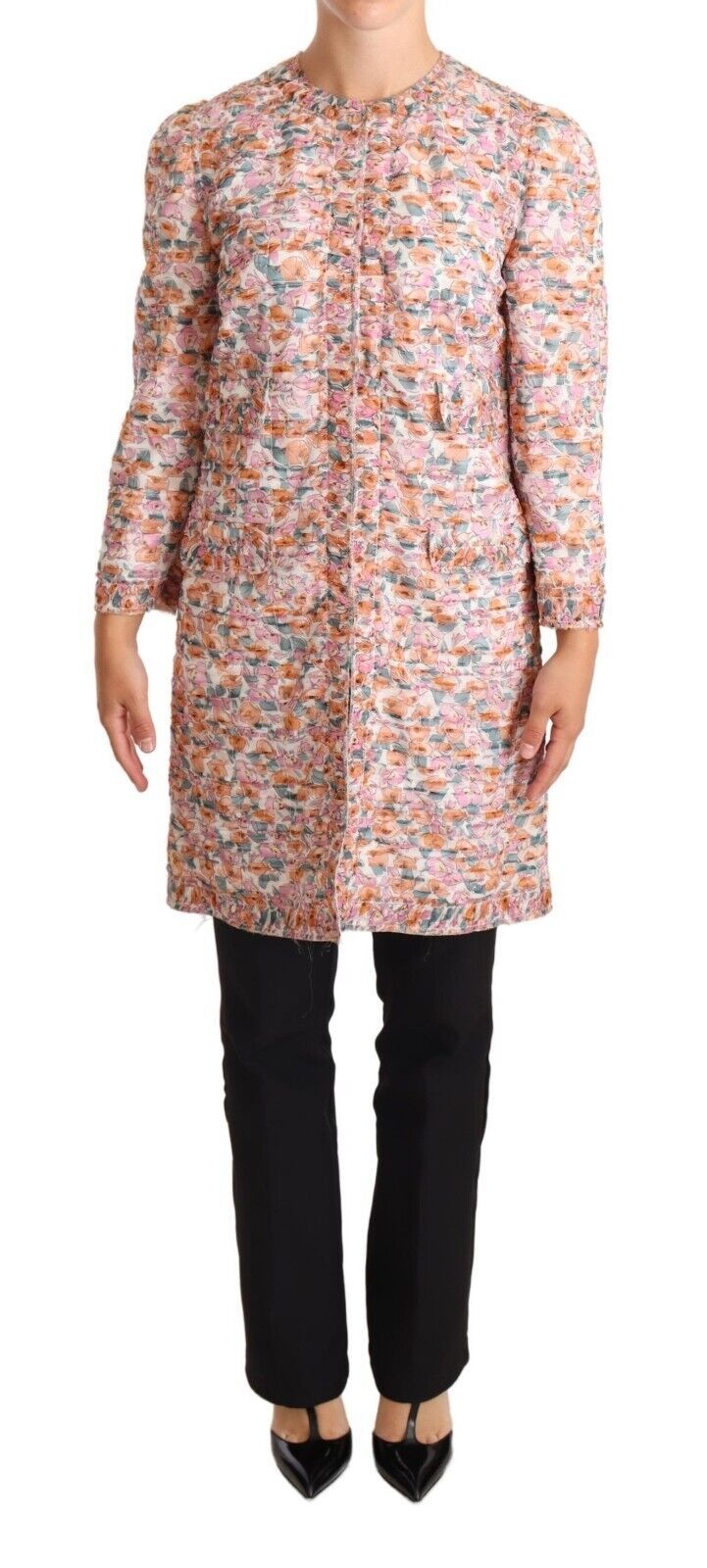Imperméable en soie Dolce & Gabbana à imprimé floral multicolore, trench coat élégant avec ceinture et détails raffinés.