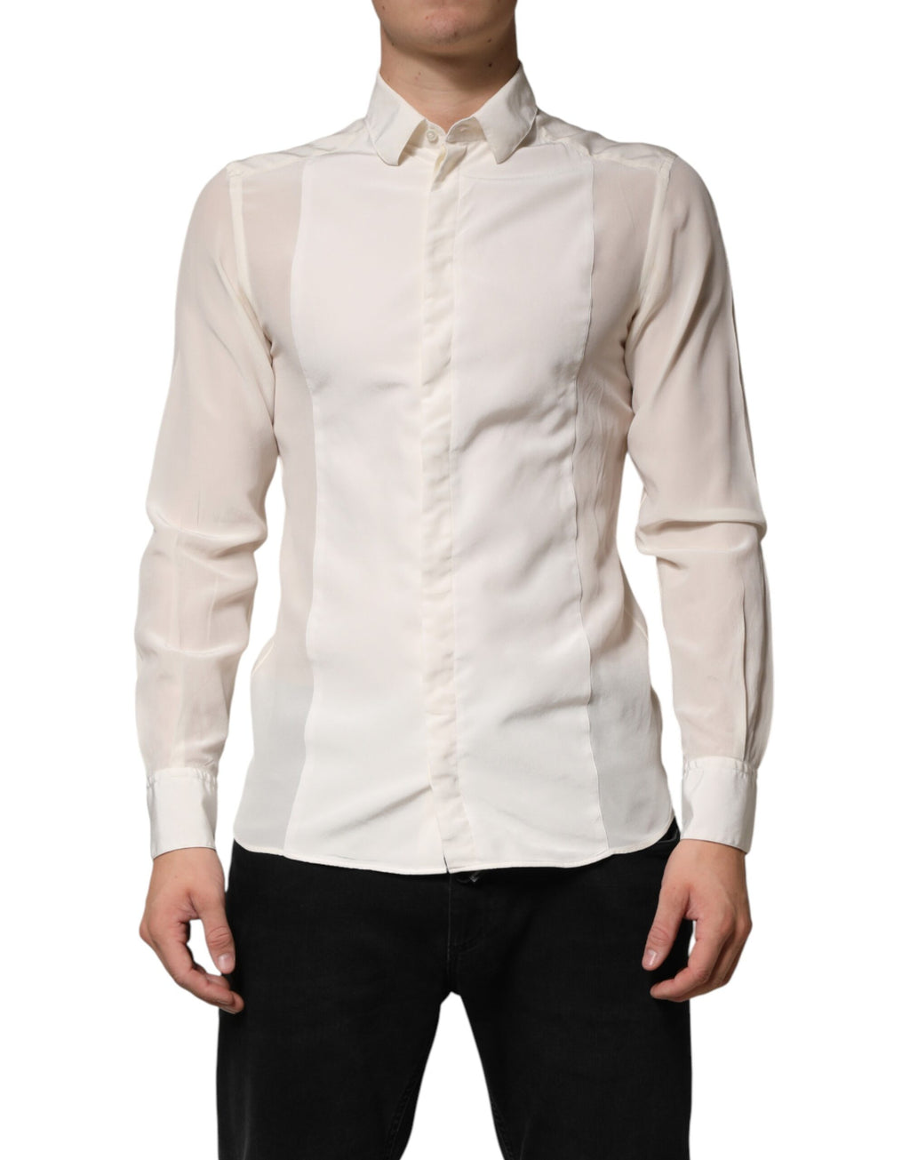 Chemise formelle en soie blanche Dolce & Gabbana pour homme avec détails dorés, élégante et sophistiquée.