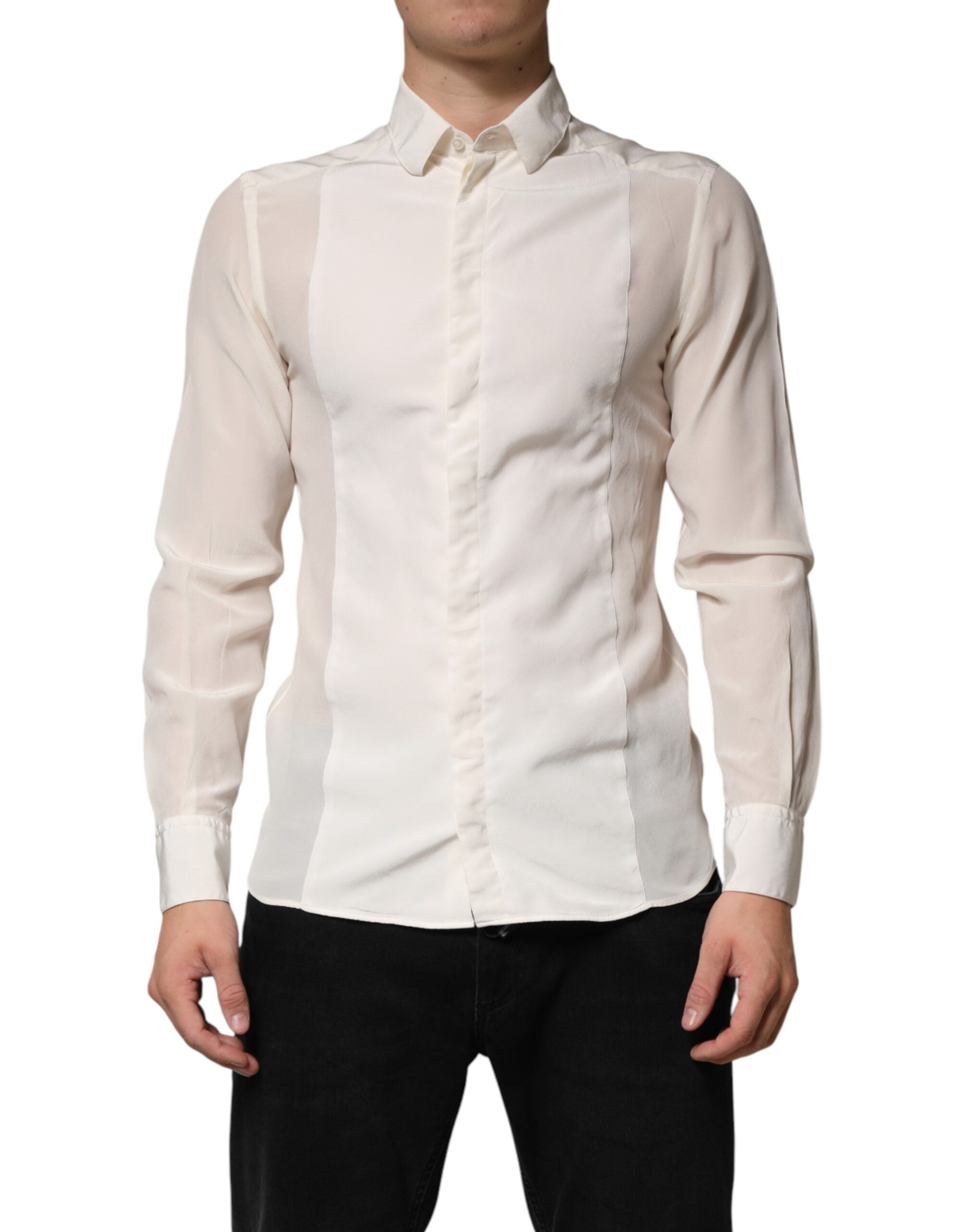 Chemise formelle en soie blanche Dolce & Gabbana pour homme avec détails dorés, élégante et sophistiquée.