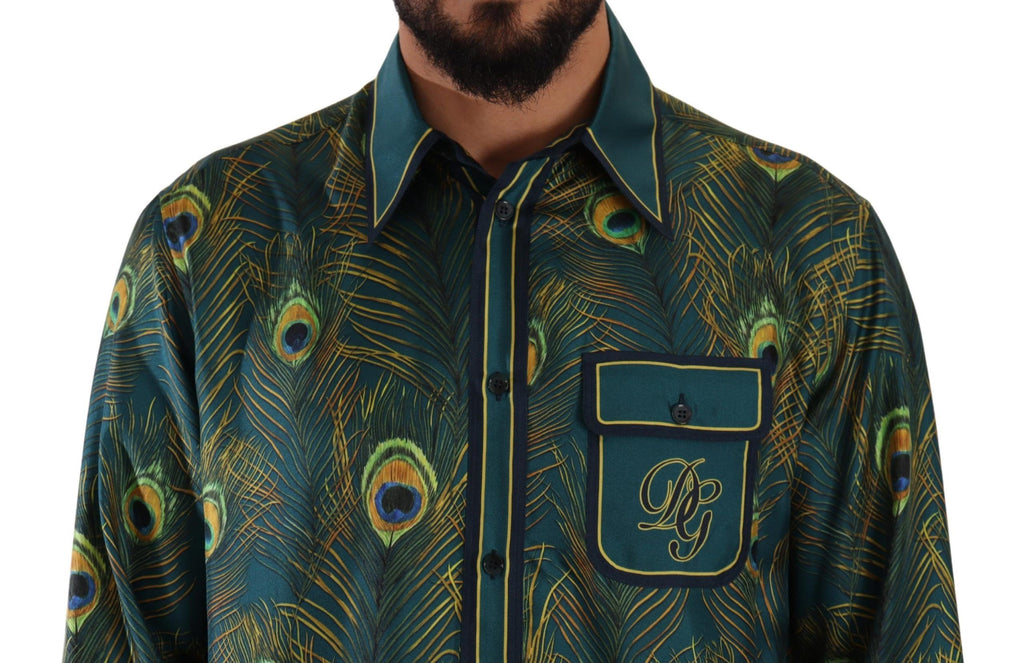 Chemise homme en soie Dolce & Gabbana avec motif plumes de paon, élégante et confortable.