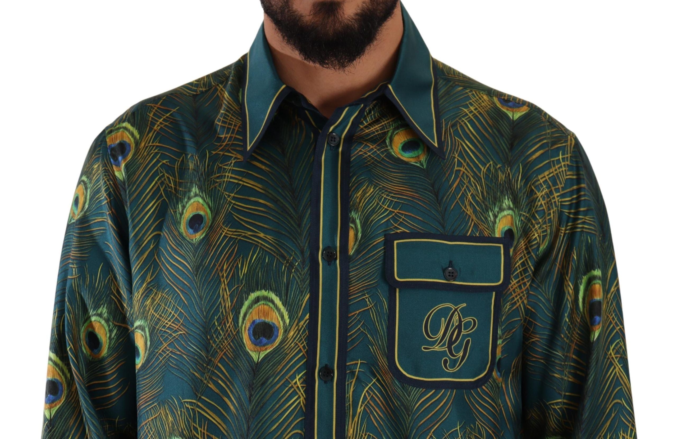 Chemise homme en soie Dolce & Gabbana avec motif plumes de paon, élégante et confortable.