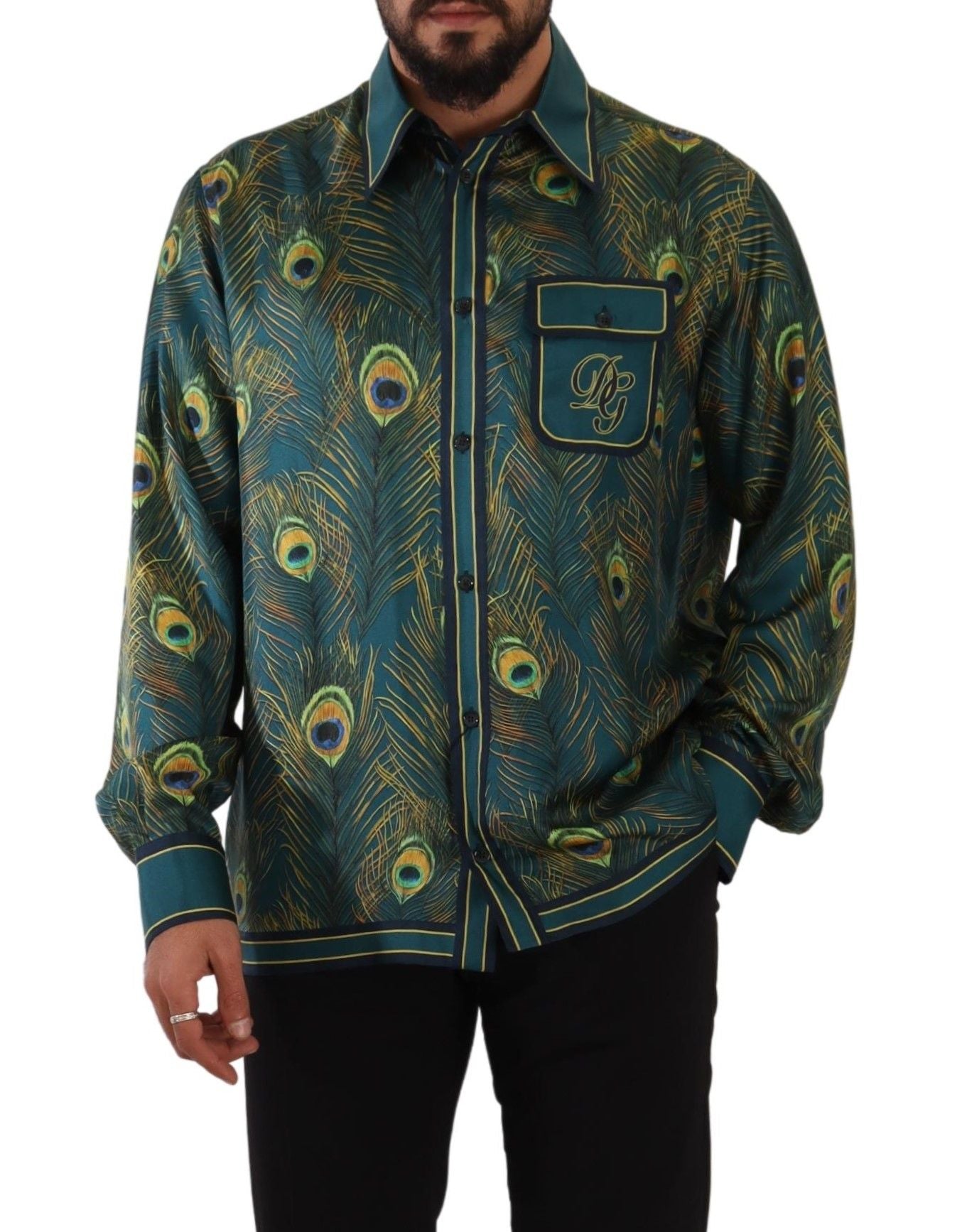 Chemise homme Dolce & Gabbana en soie avec motif plumes de paon, style élégant et luxe.