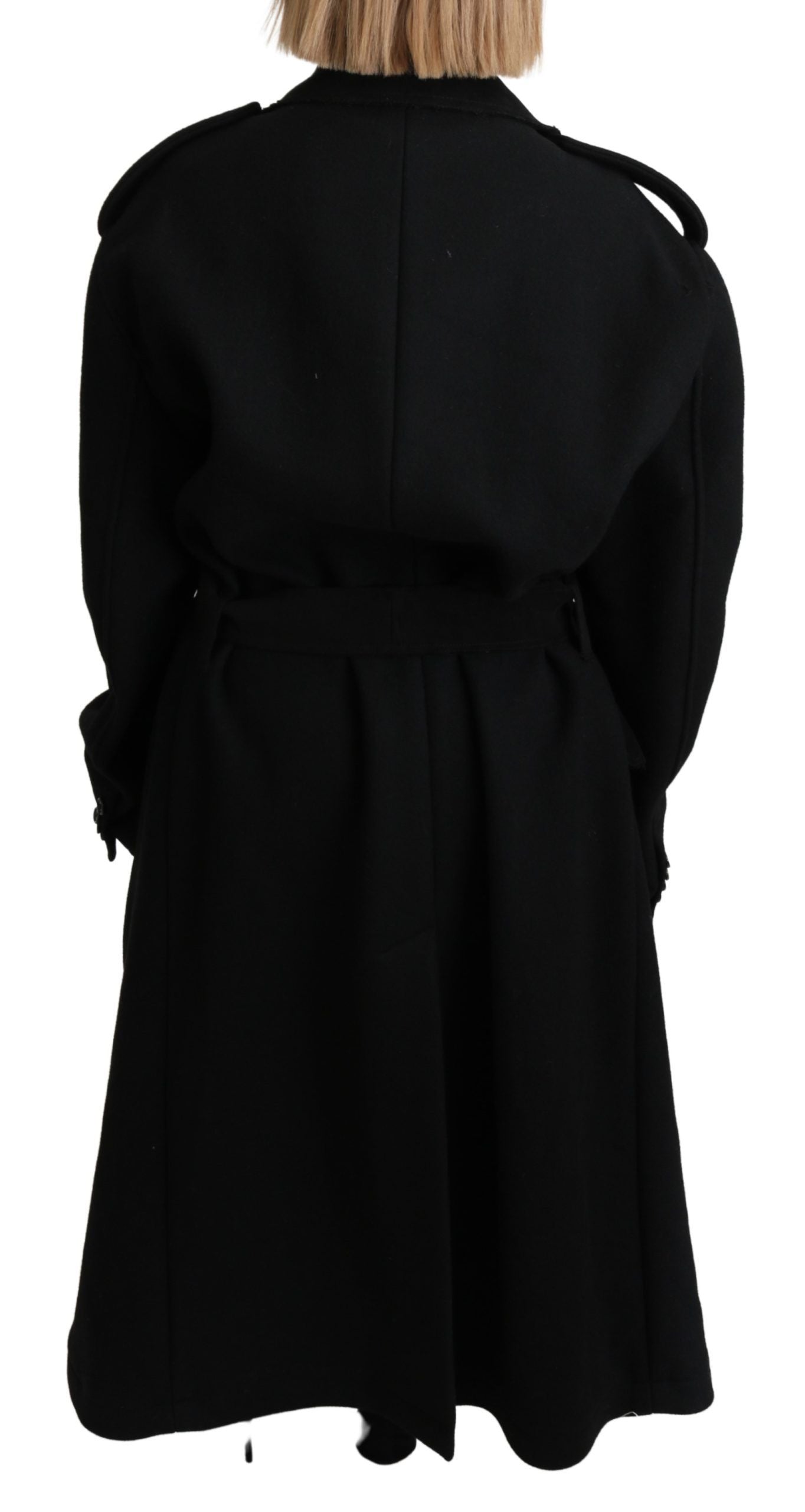 Blazer trench coat en laine vierge noire de Dolce & Gabbana, veste élégante avec détails sophistiqués.