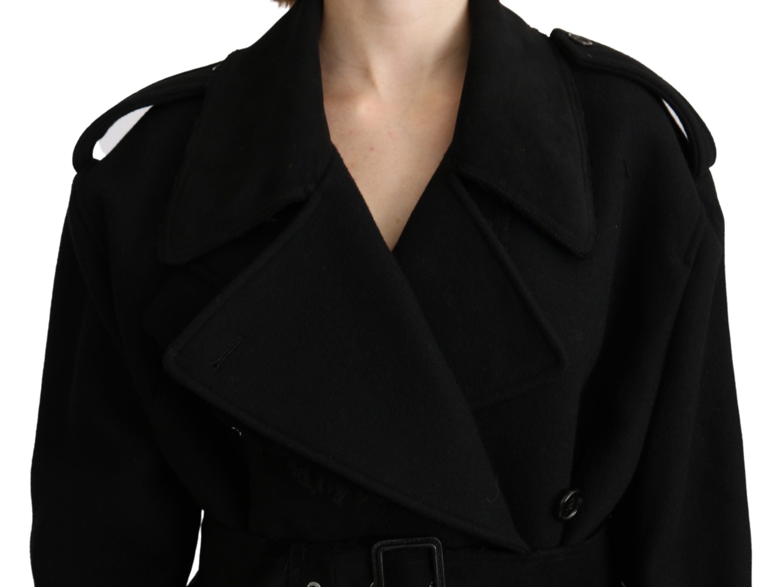 Veste blazer trench en laine vierge noire de Dolce & Gabbana, coupe élégante et classique, vue de face sur mannequin.
