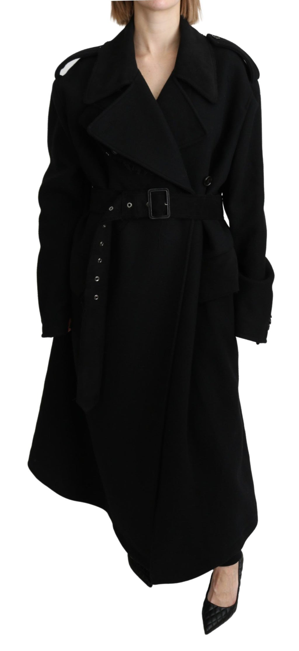 Veste trench en laine vierge noire Dolce & Gabbana, blazer élégant avec coupe classique et détails sophistiqués.