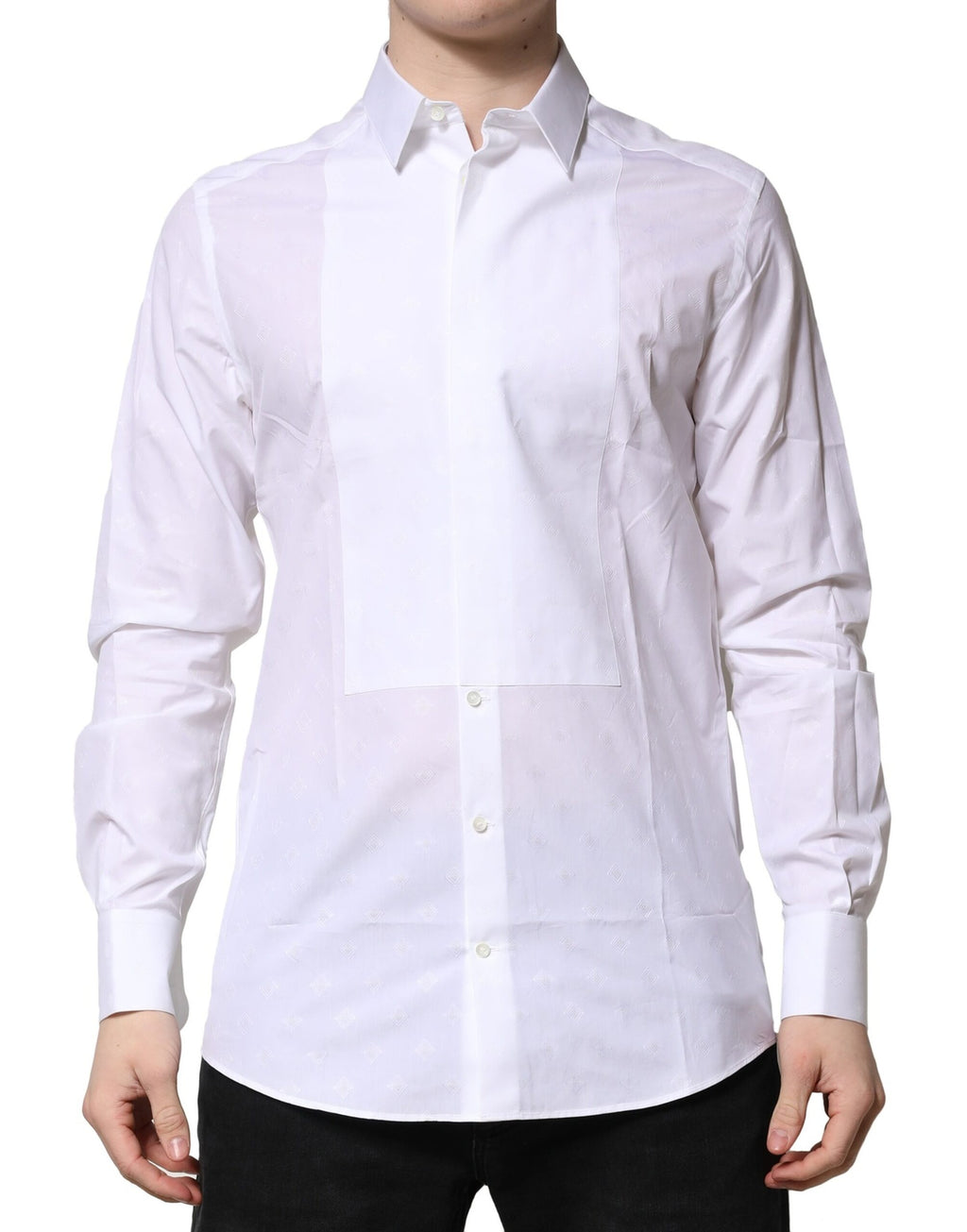 Chemise formelle blanche Dolce & Gabbana en coton popeline avec détails dorés, vue de face.