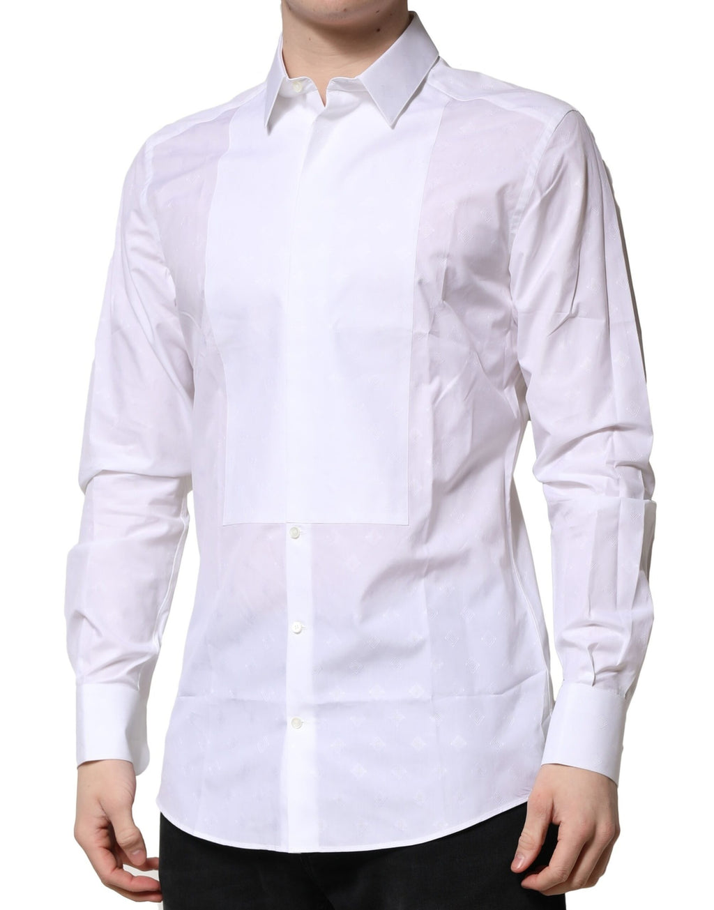 Chemise formelle blanche Dolce & Gabbana en coton popeline avec détails dorés, vue de face.