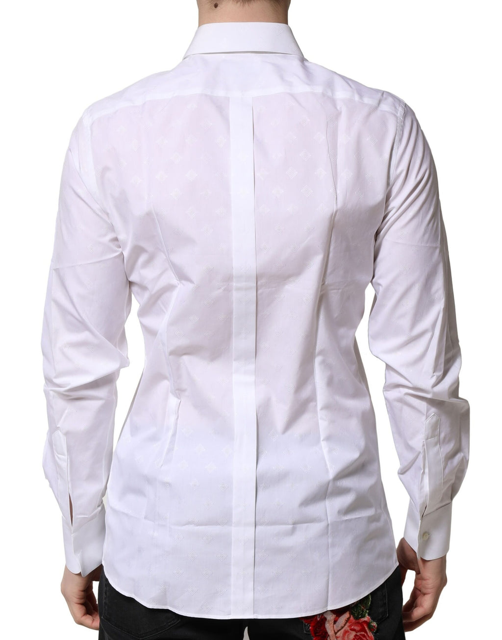 Chemise formelle blanche Dolce & Gabbana en coton popeline avec détails en or, vue de face.