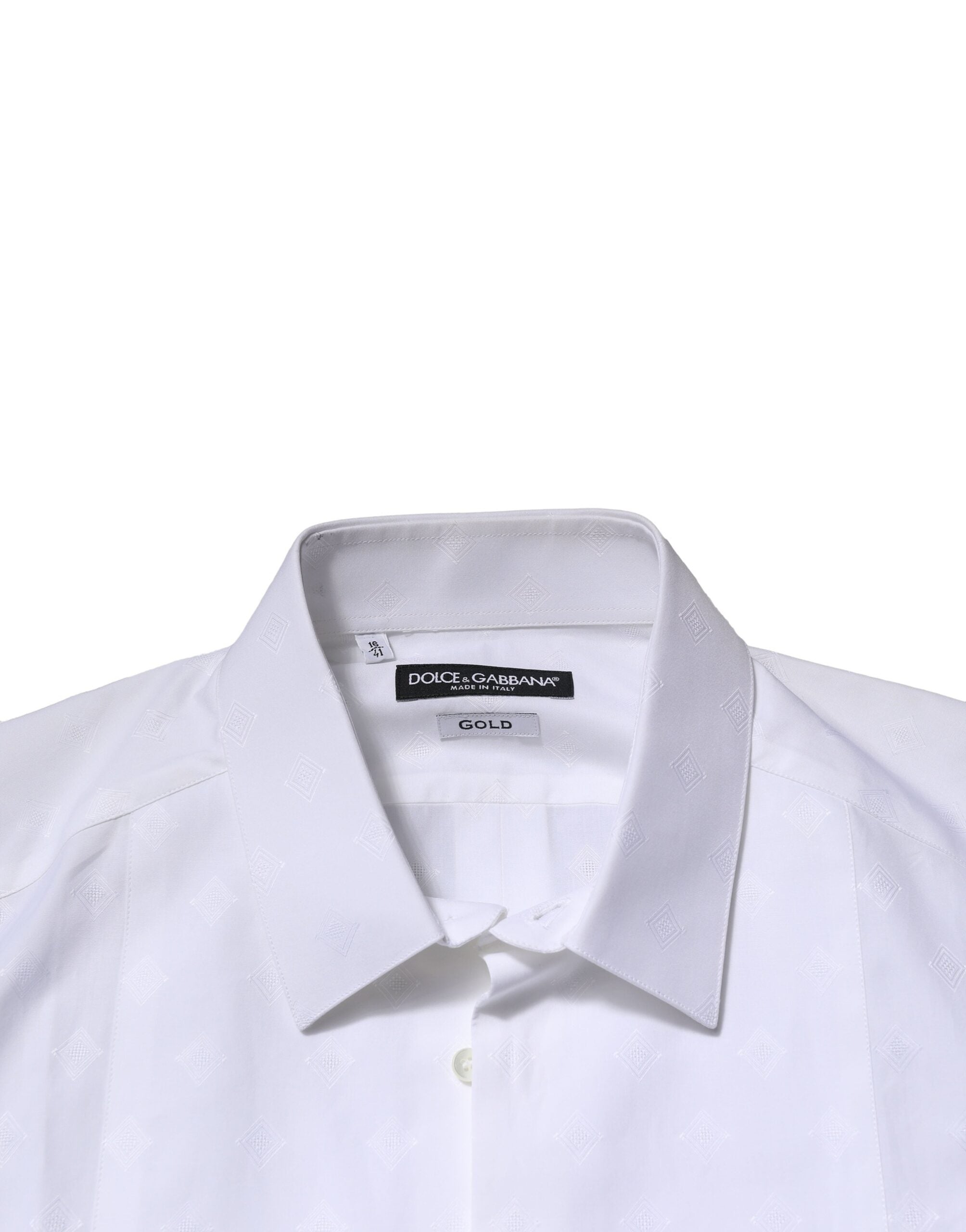 Chemise formelle blanche Dolce & Gabbana en coton popeline avec détails dorés, vue rapprochée du col et des boutons.