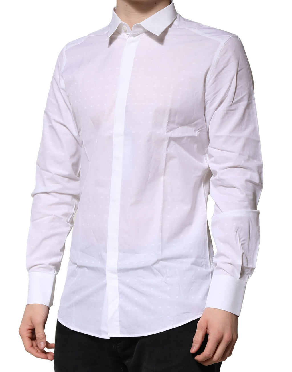 Chemise formelle blanche en coton Dolce & Gabbana avec manches longues et détails dorés, élégante et sophistiquée.