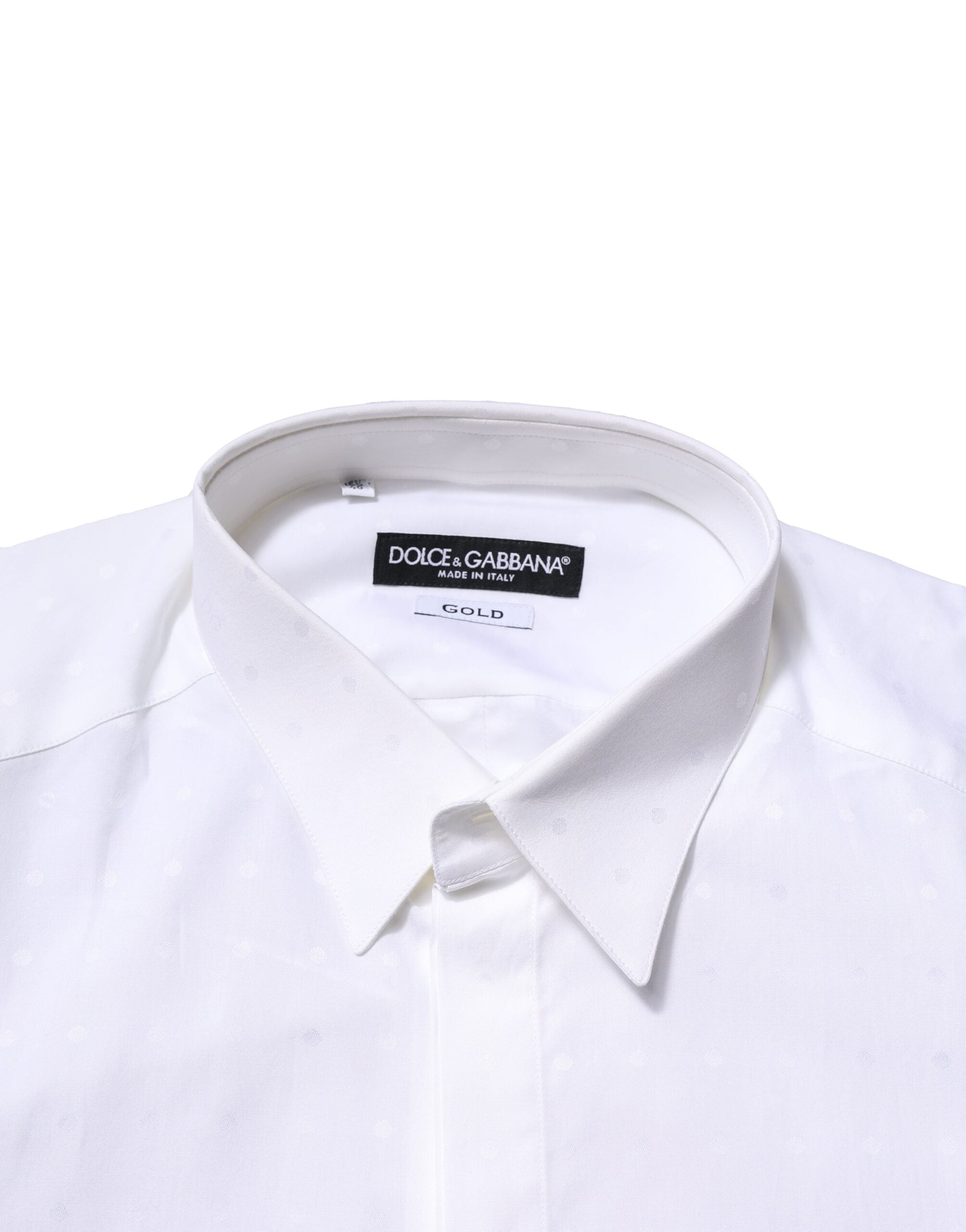 Chemise blanche en coton à manches longues de Dolce & Gabbana, style formel avec détails en or.