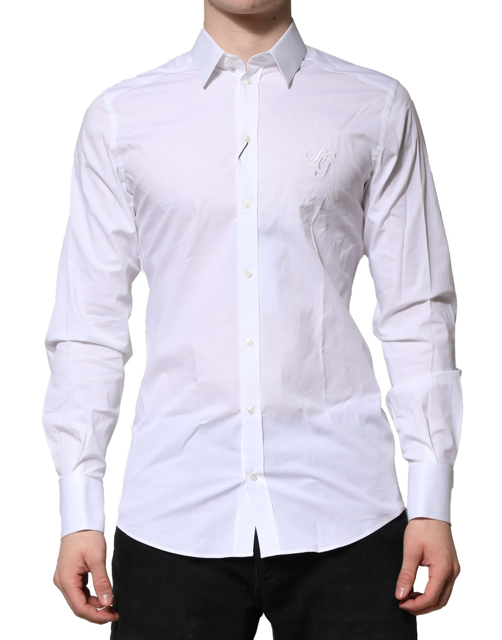 Chemise formelle en coton blanc Dolce & Gabbana avec manches longues et détails dorés.