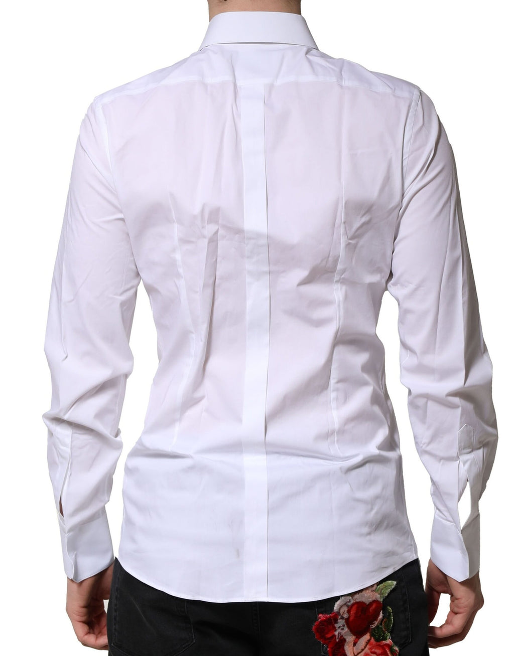 Chemise formelle en coton blanc Dolce & Gabbana avec manches longues et détails dorés, élégante et sophistiquée.