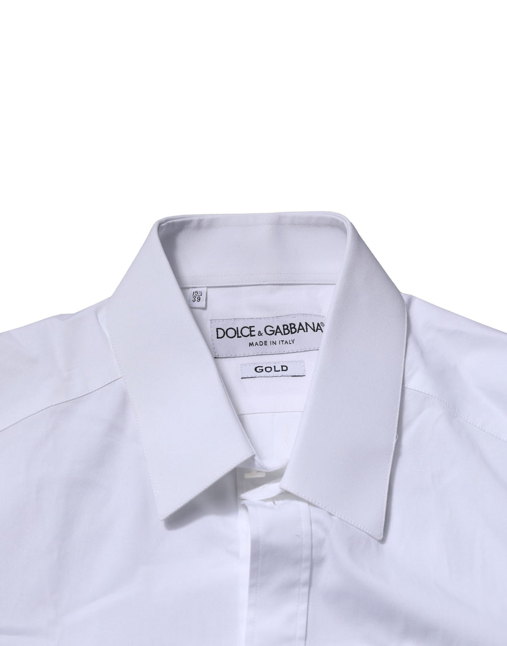 Chemise blanche en coton Dolce & Gabbana à manches longues, style formel avec détails dorés.