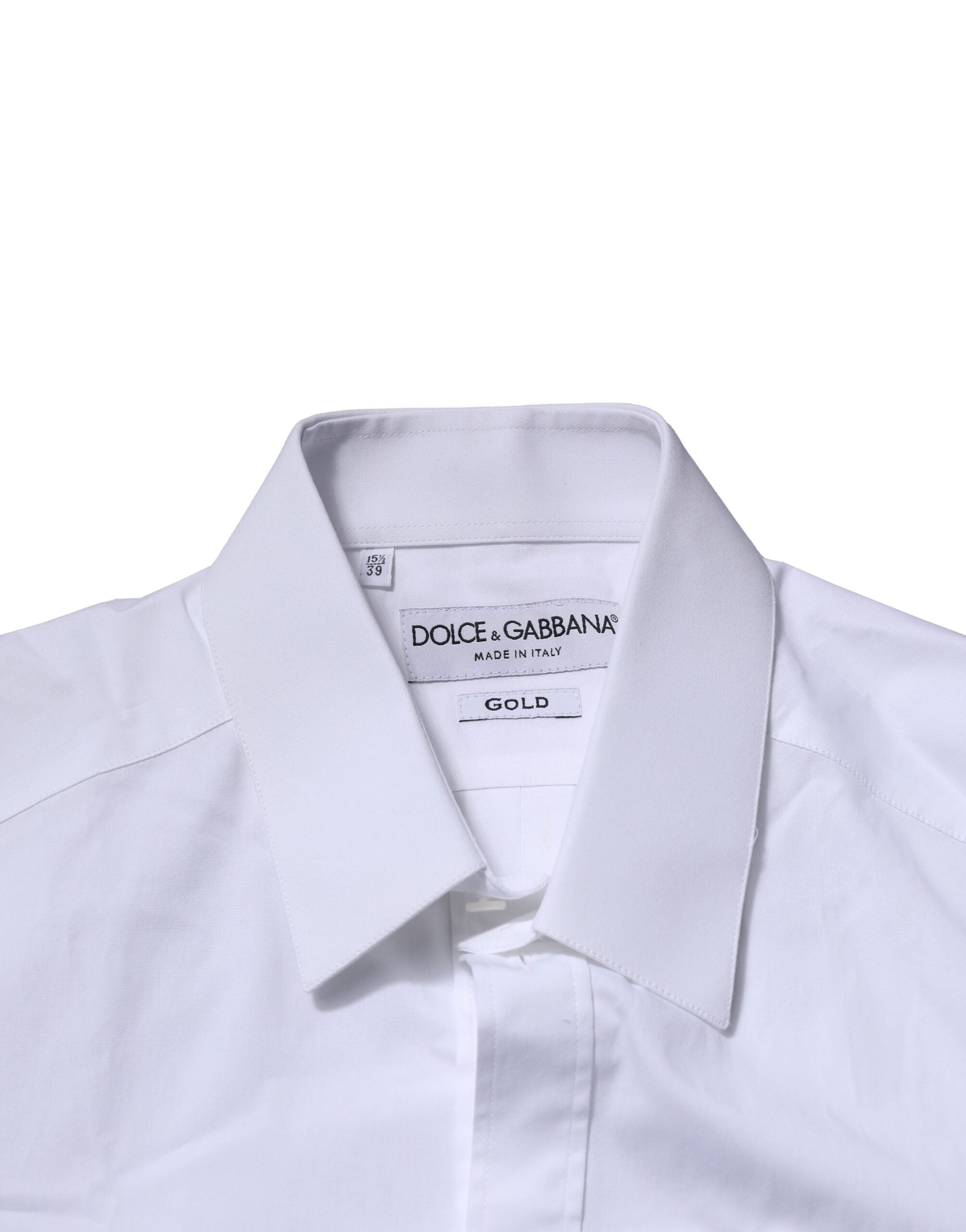 Chemise blanche en coton Dolce & Gabbana à manches longues, style formel avec détails dorés.