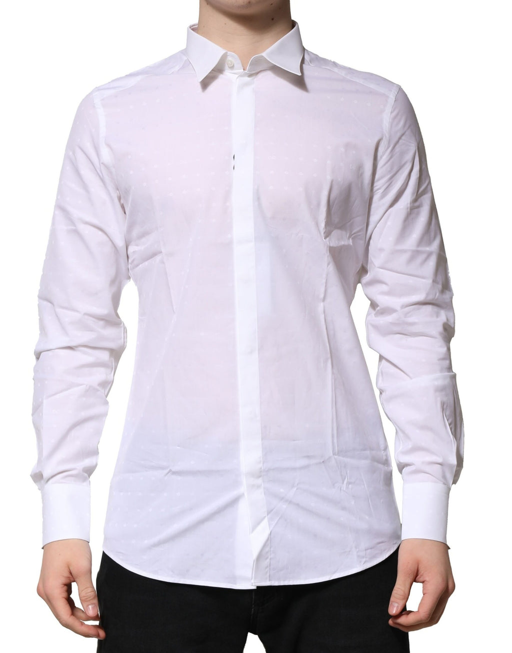 Chemise formelle en coton blanc Dolce & Gabbana avec manches longues et détails en or, élégance sophistiquée.
