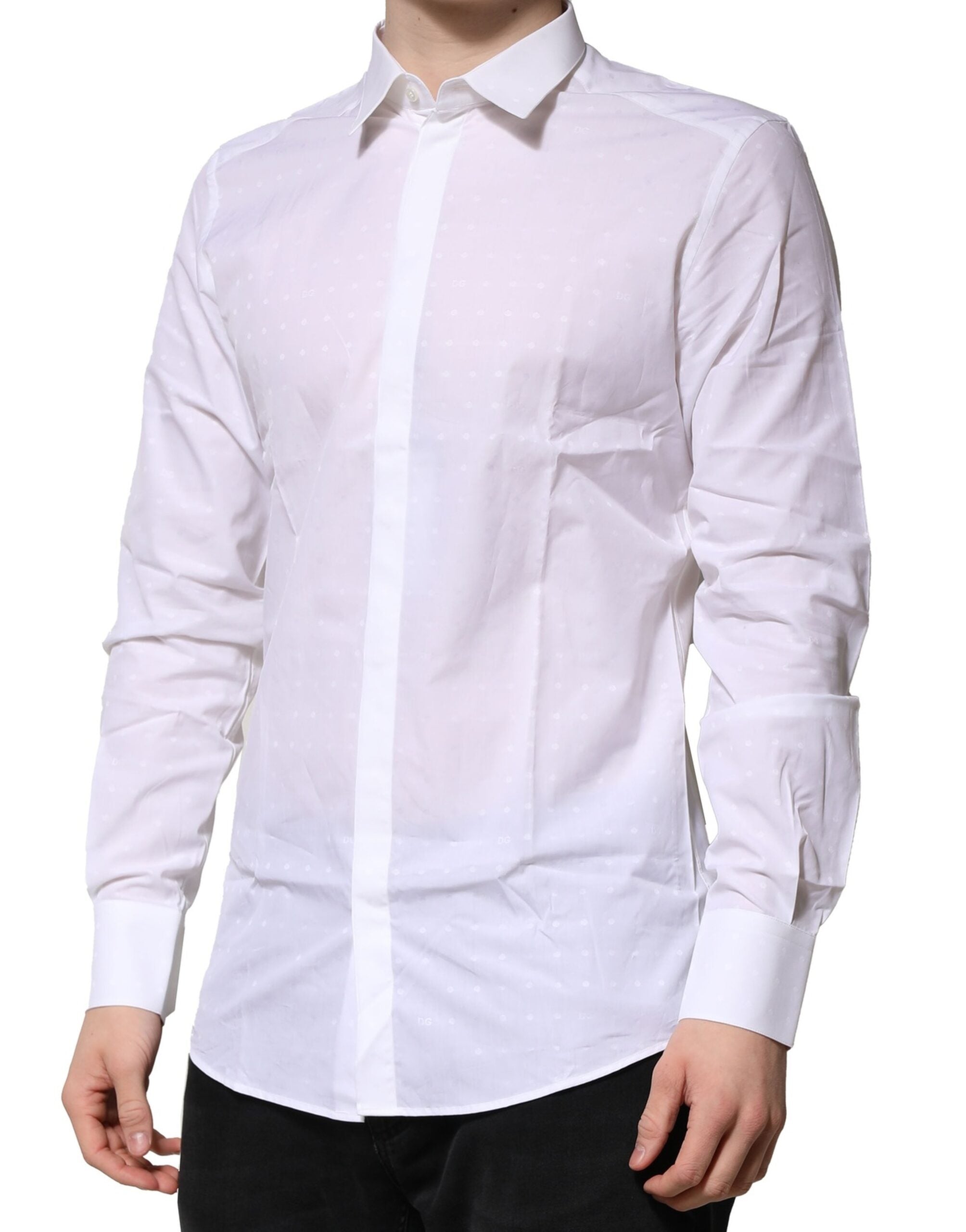 Chemise formelle en coton blanc Dolce & Gabbana avec manches longues et détails dorés.