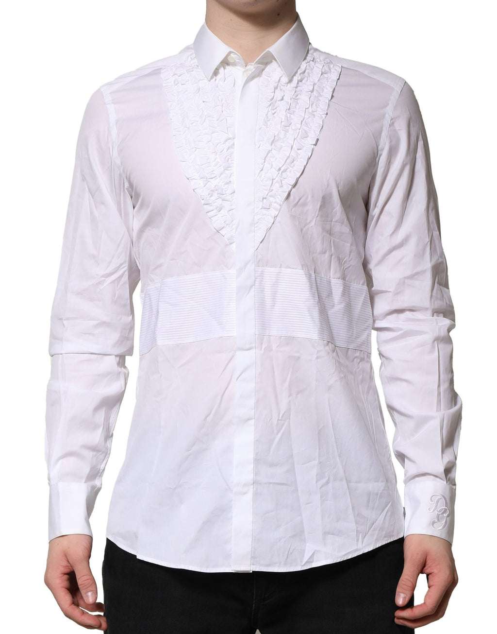 Chemise blanche en coton Dolce & Gabbana avec détails ruffles pour une tenue formelle élégante.