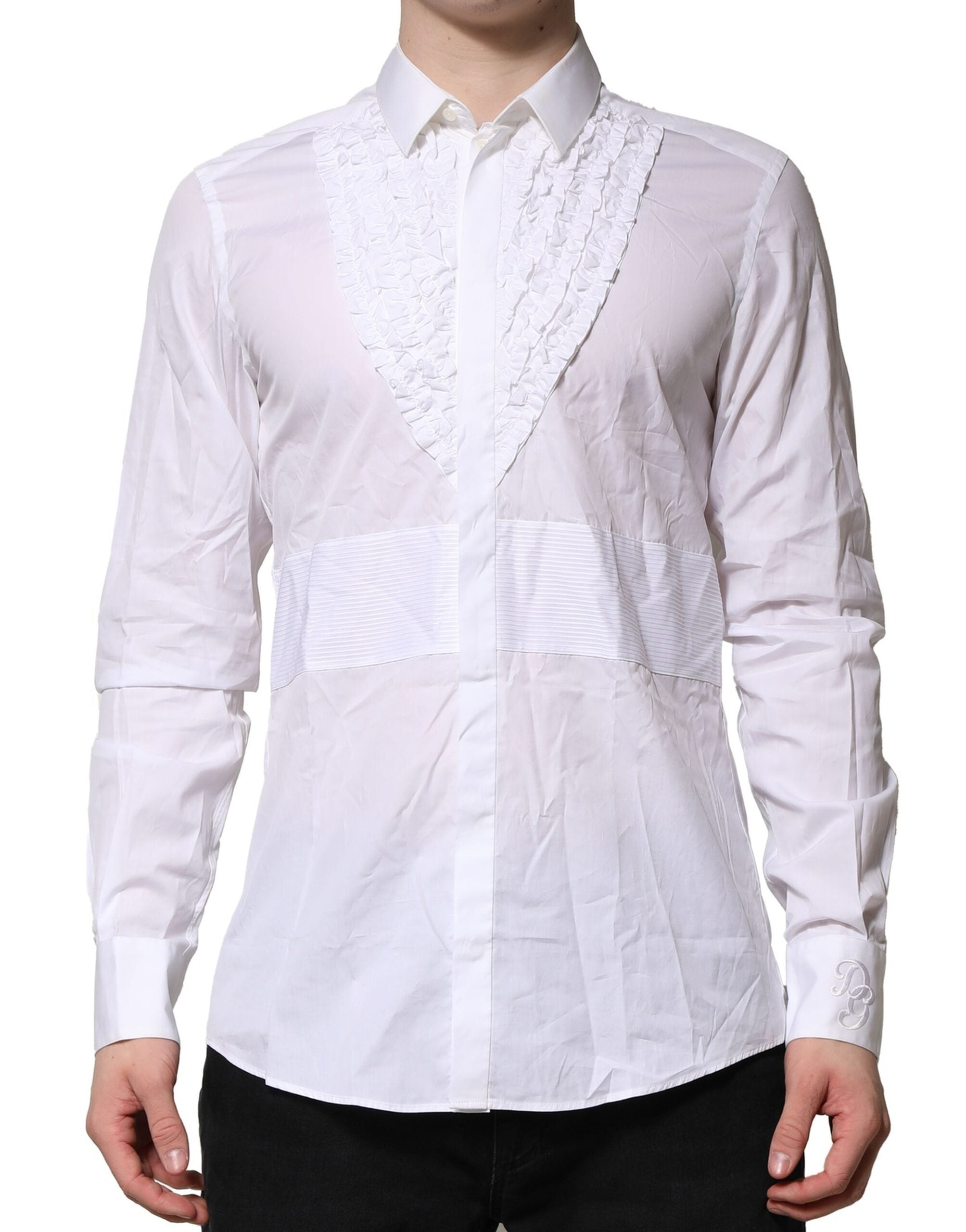 Chemise blanche en coton Dolce & Gabbana avec détails ruffles pour une tenue formelle élégante.