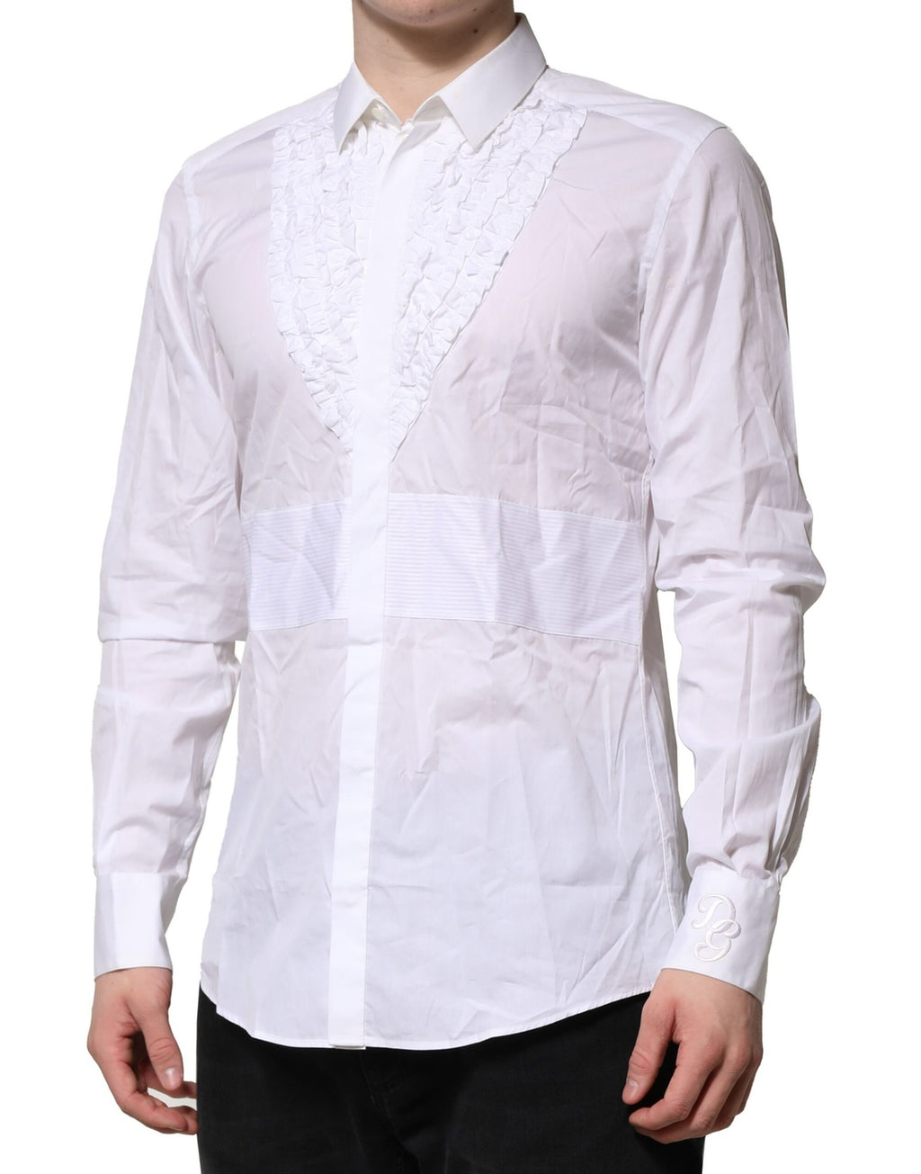 Chemise formelle blanche Dolce & Gabbana en coton avec détails froncés et volants, élégante et sophistiquée.