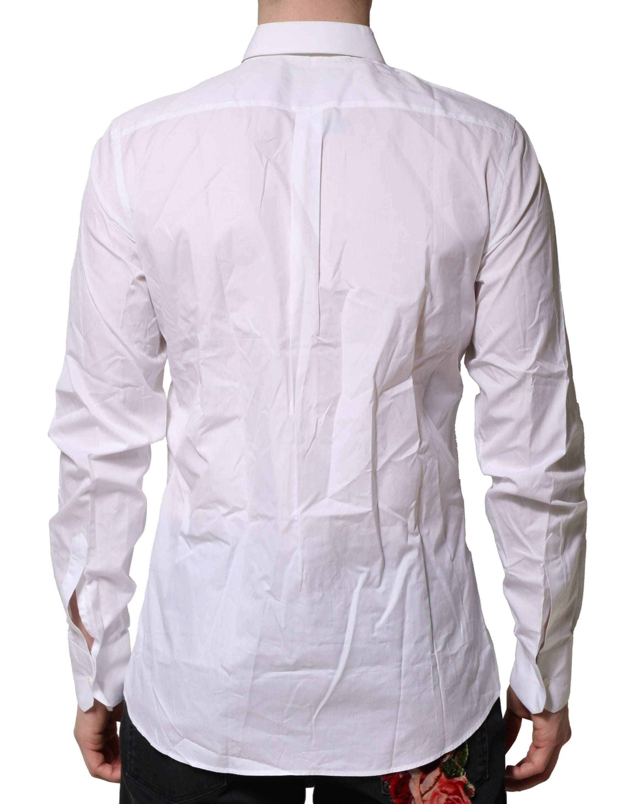 Chemise formelle blanche en coton Dolce & Gabbana avec détails froncés et volant, élégante et sophistiquée.