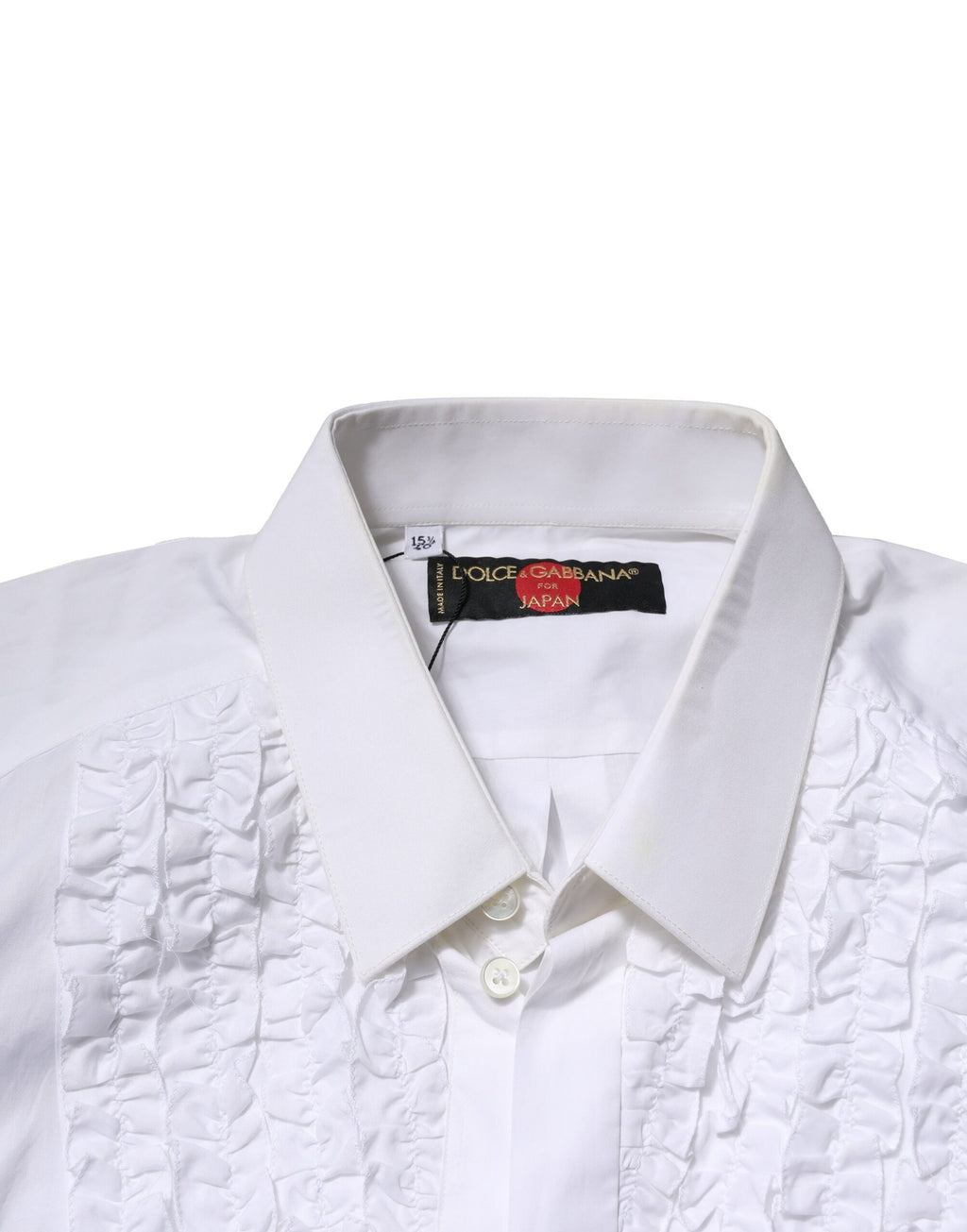 Chemise formelle blanche Dolce & Gabbana en coton avec détails plissés et volants, élégante et sophistiquée.