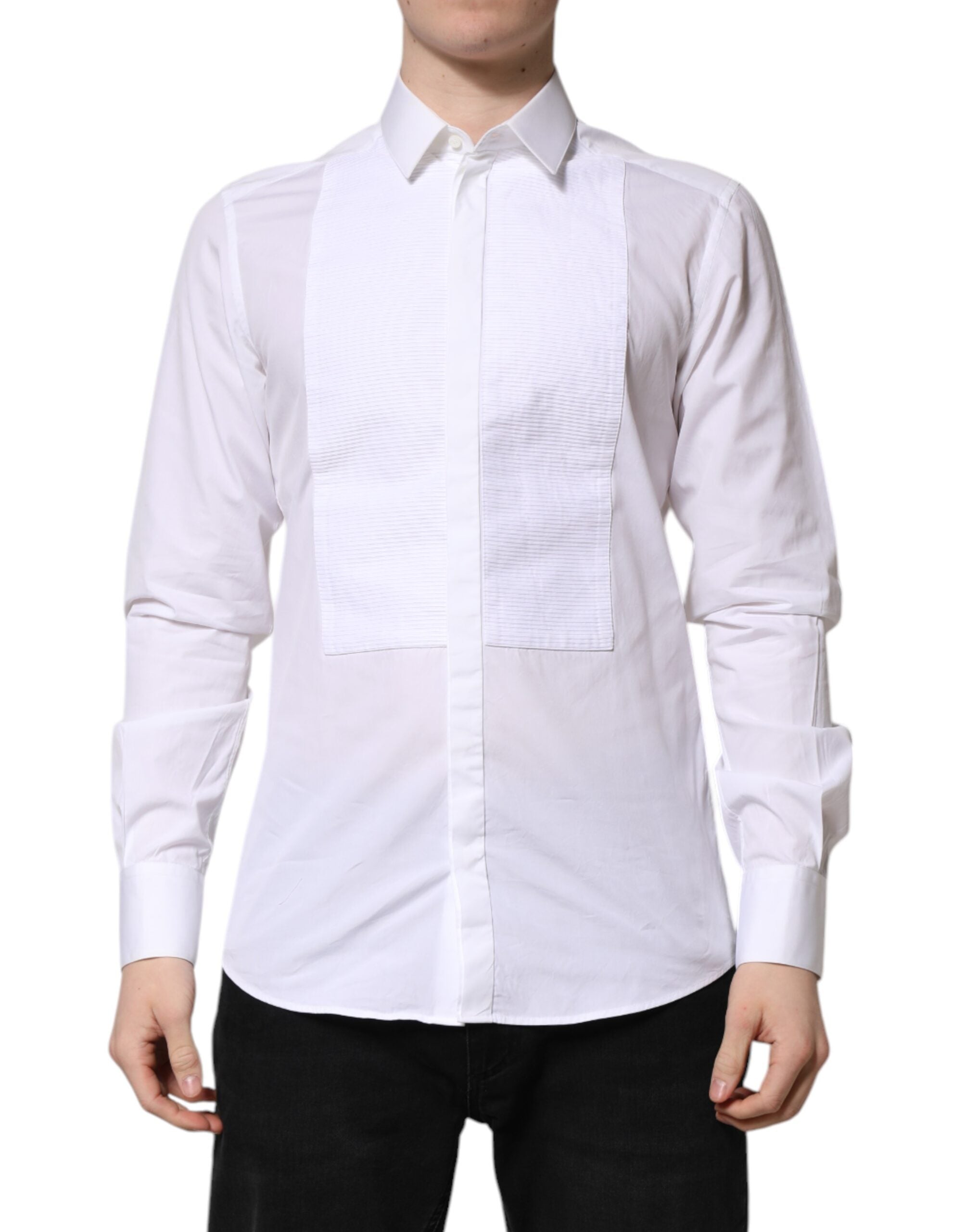 Chemise formelle blanche Dolce & Gabbana en coton avec détails dorés, veste élégante pour occasions spéciales.
