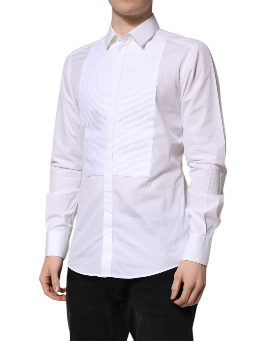 Chemise formelle blanche Dolce & Gabbana en coton avec détails dorés, vêtement élégant pour occasion spéciale.
