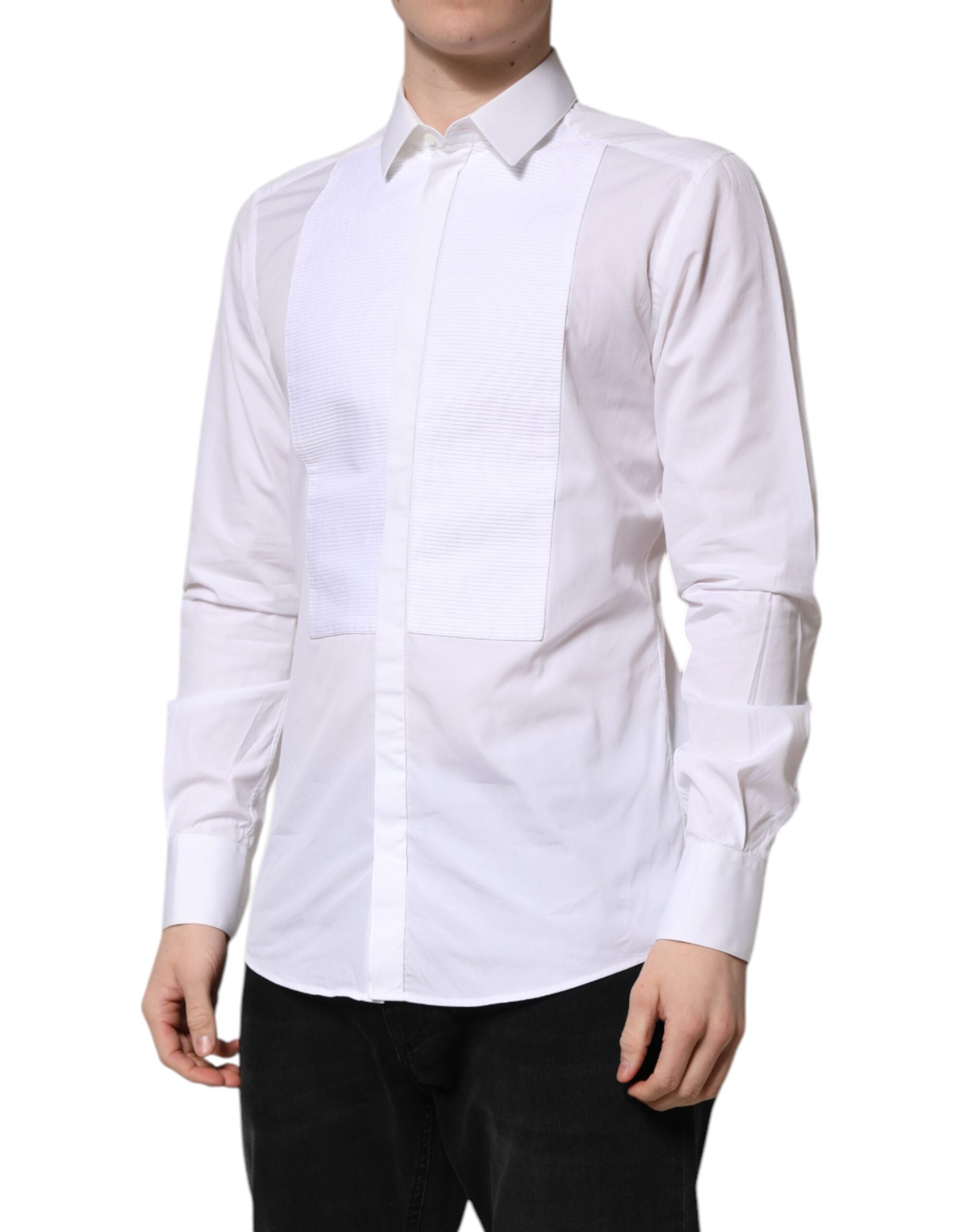 Chemise formelle blanche Dolce & Gabbana en coton avec détails dorés, vêtement élégant pour occasion spéciale.