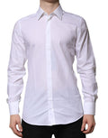Chemise formelle Dolce & Gabbana blanche à manches longues avec détails dorés, élégante et sophistiquée.