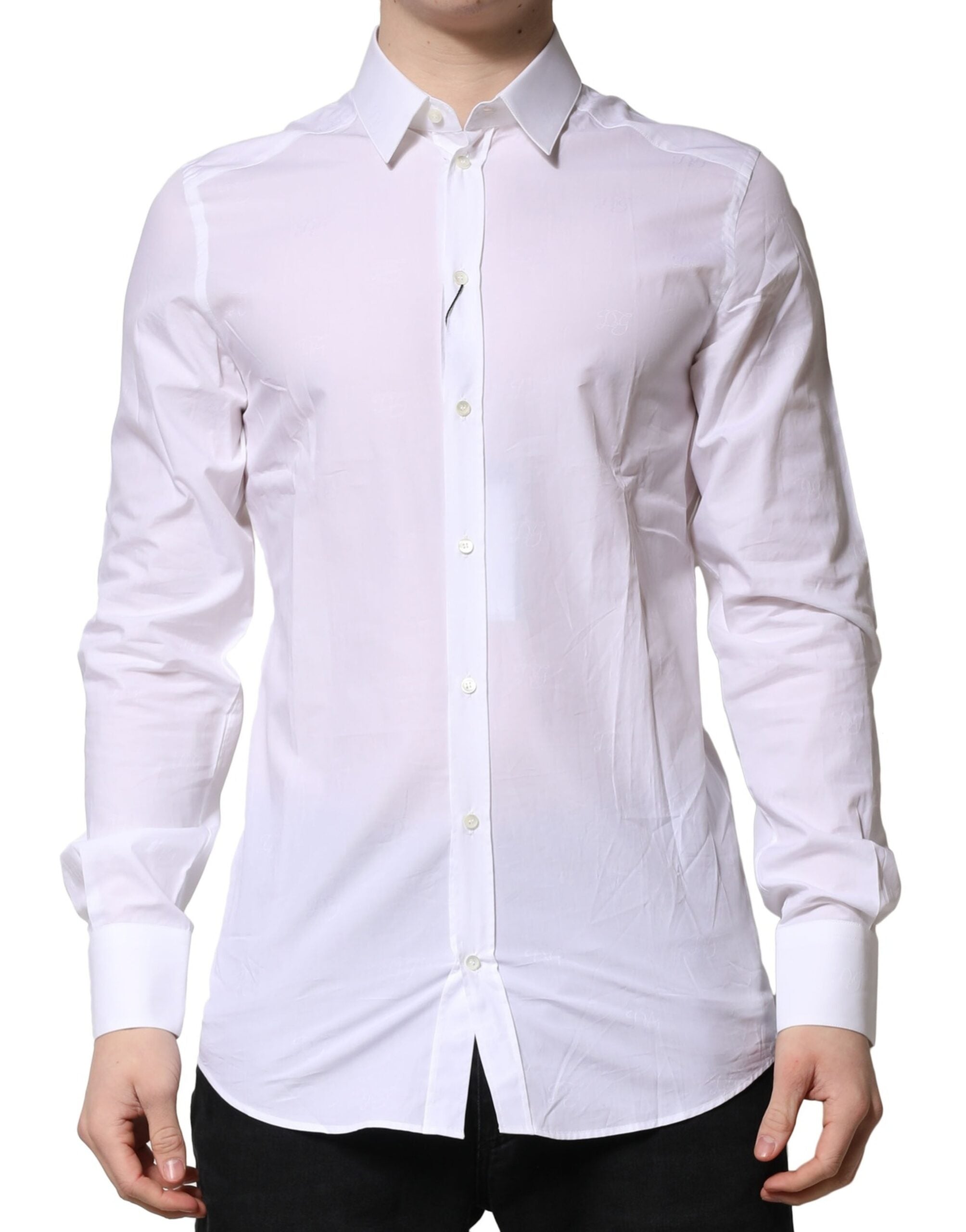 Chemise blanche Dolce & Gabbana à manches longues, robe formelle en or, élégante et sophistiquée, vue en détail.