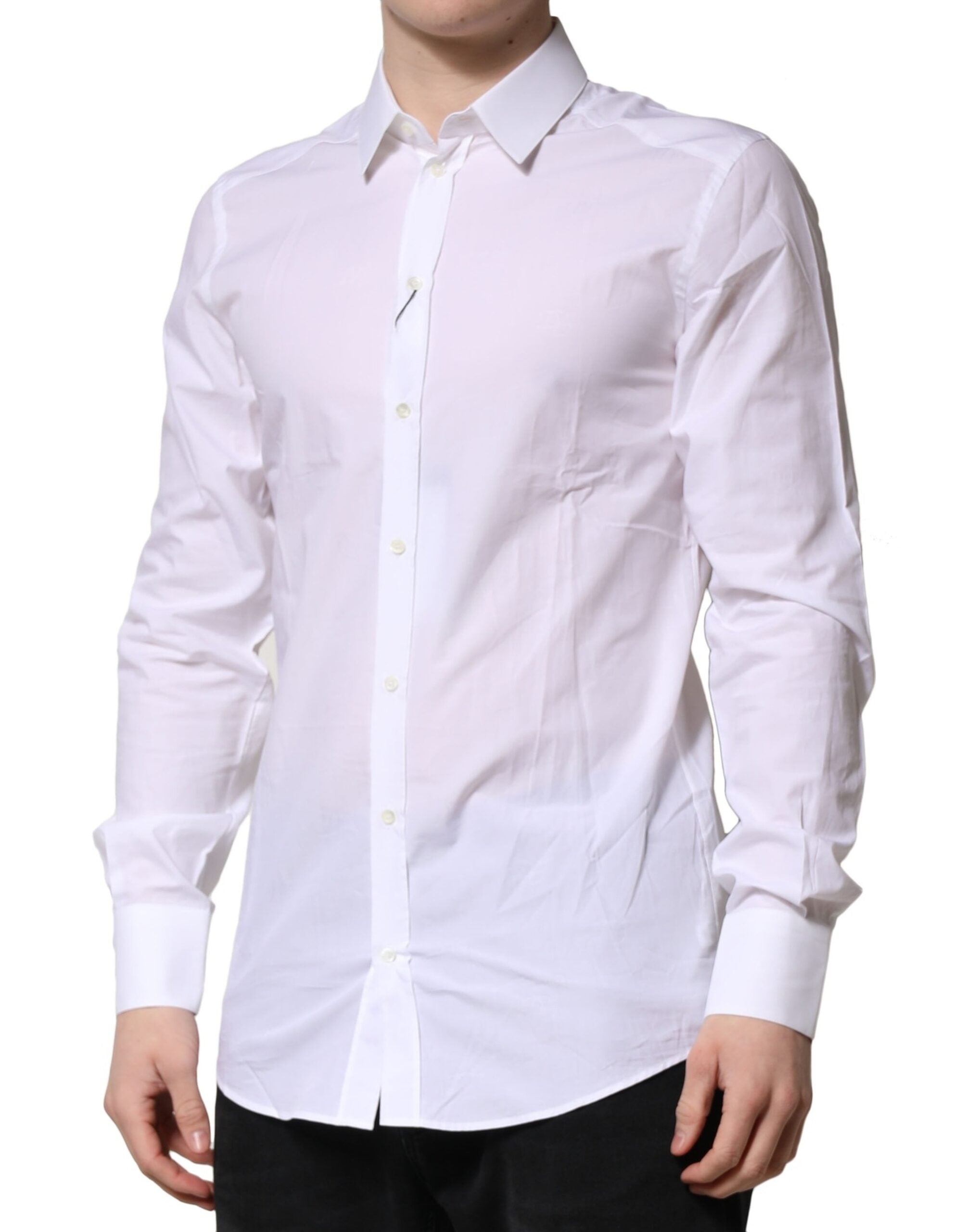 Chemise blanche à manches longues Dolce & Gabbana avec accents dorés pour une tenue formelle élégante.