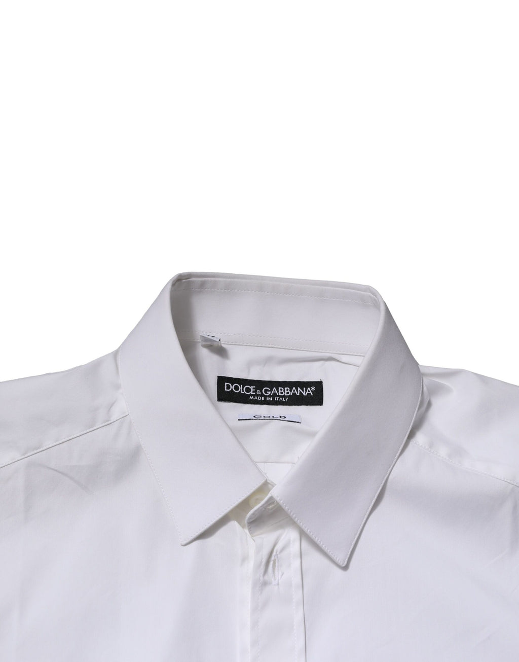 Chemise formelle blanche à manches longues Dolce & Gabbana avec détails dorés.