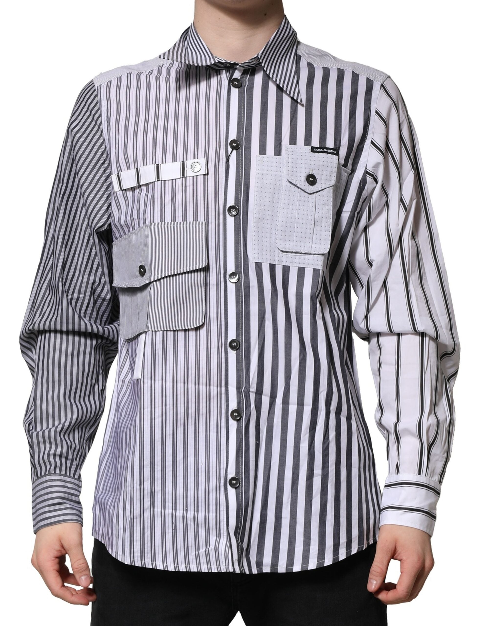 Chemise homme Dolce & Gabbana en coton blanc et gris à rayures, style décontracté et élégant.