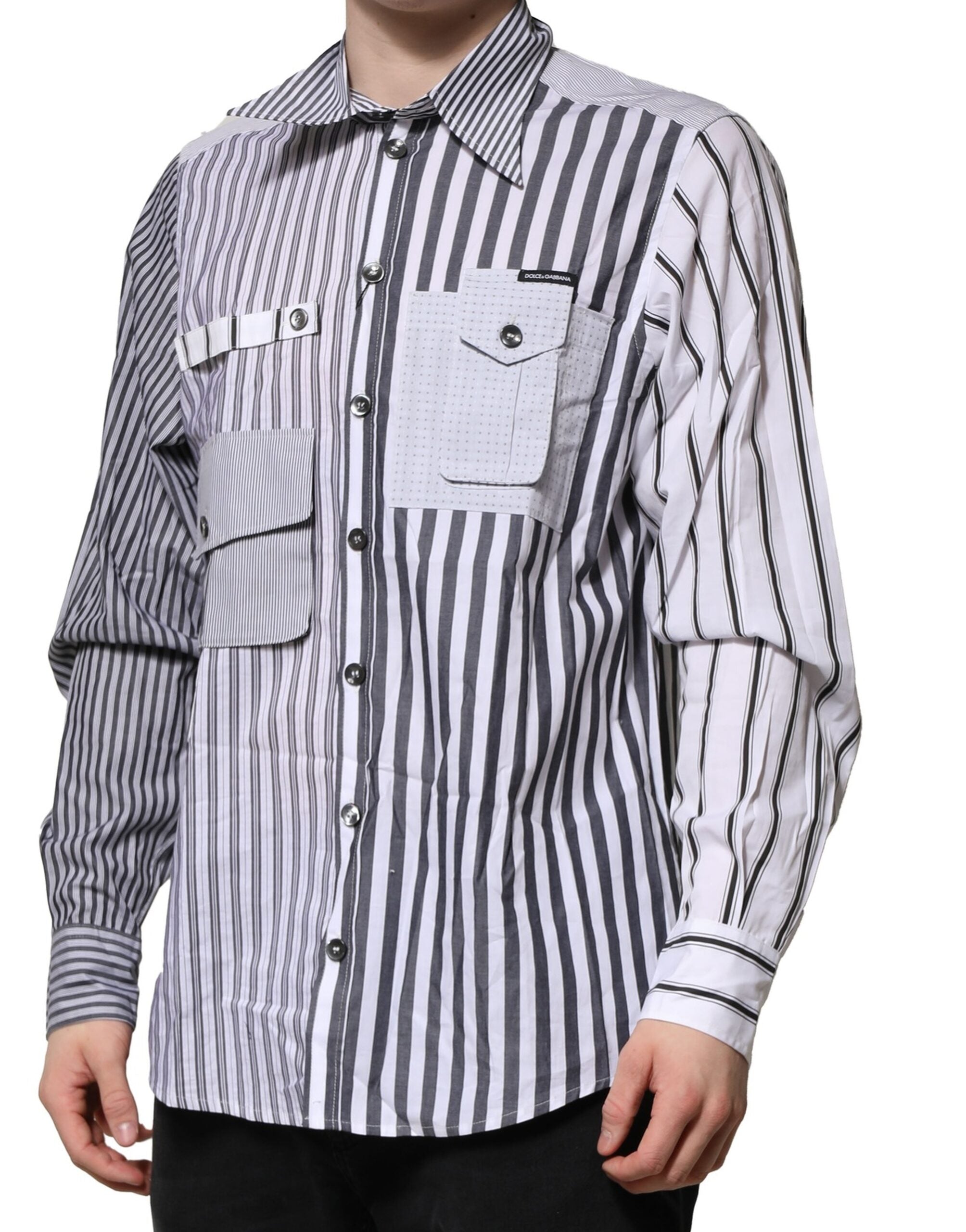 Chemise homme Dolce & Gabbana en coton blanc et gris à rayures pour un style décontracté et élégant.
