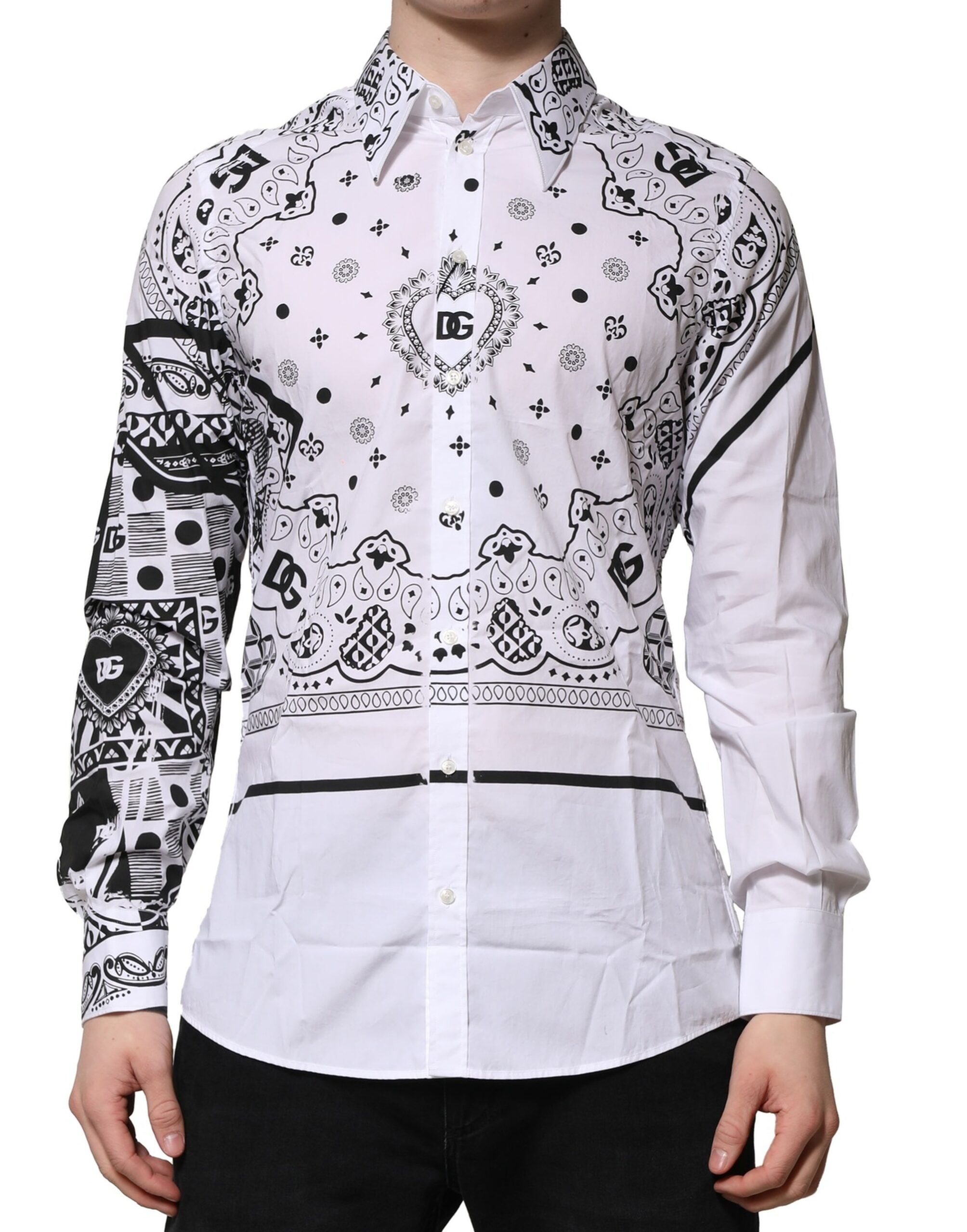 Chemise formelle blanche Dolce & Gabbana avec motif bandana Martini, col classique et tissu élégant.