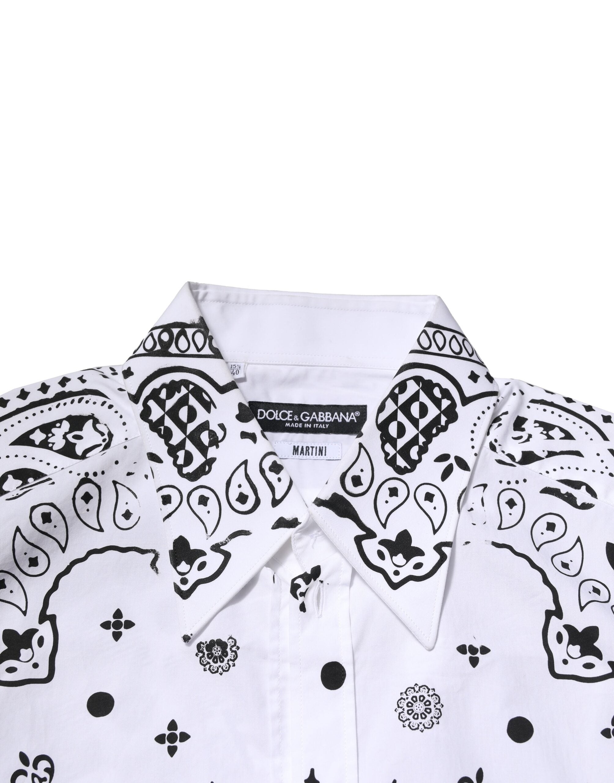 Chemise formelle blanche Dolce & Gabbana avec motif bandana Martini, design élégant et sophistiqué, vue de face.