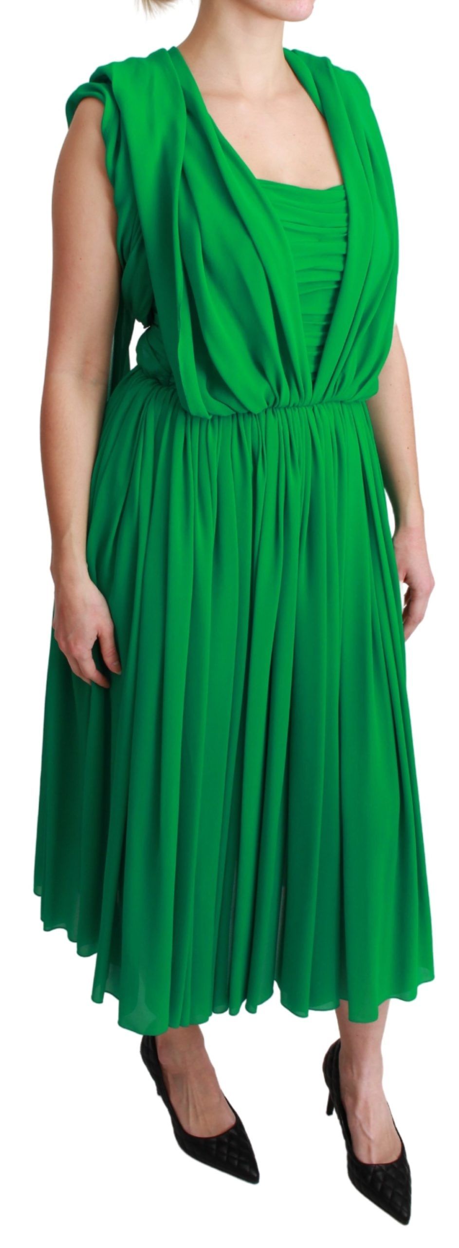 Robe longue sans manches en soie verte à plis de Dolce & Gabbana, élégant vêtement maxi pour femme.