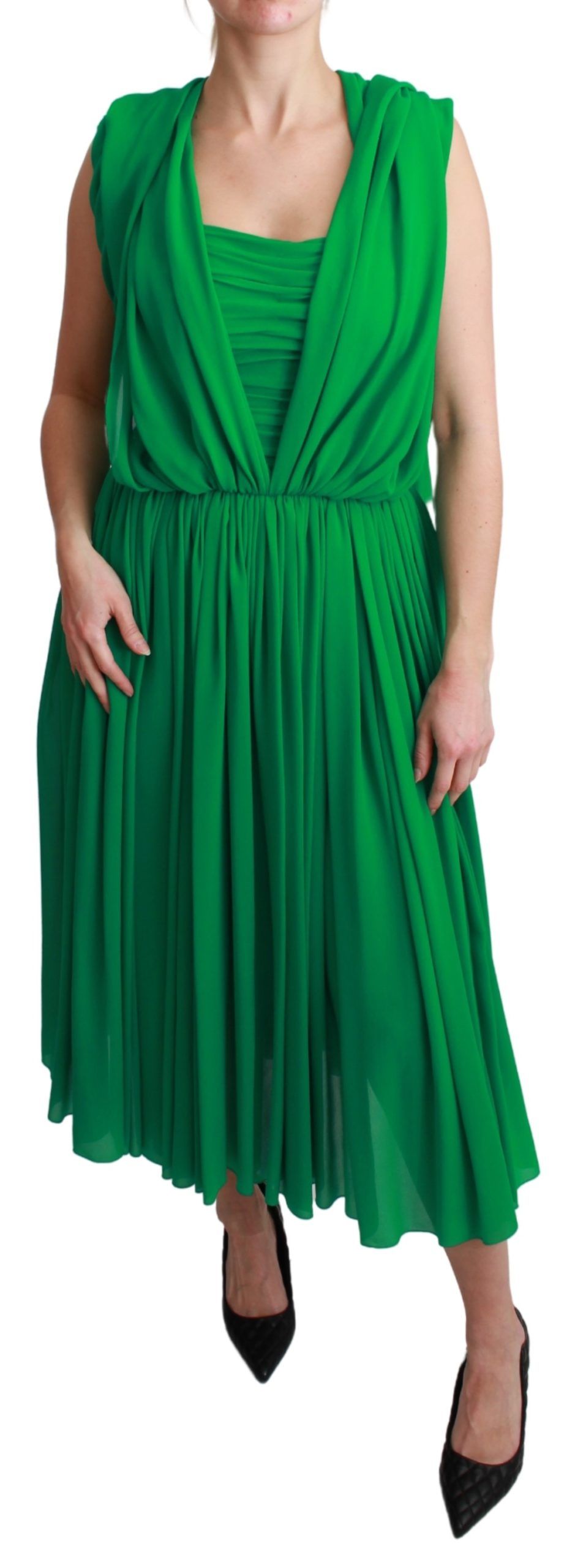 Robe longue sans manches en soie verte de Dolce & Gabbana avec plis, style maxi, élégante et fluide.