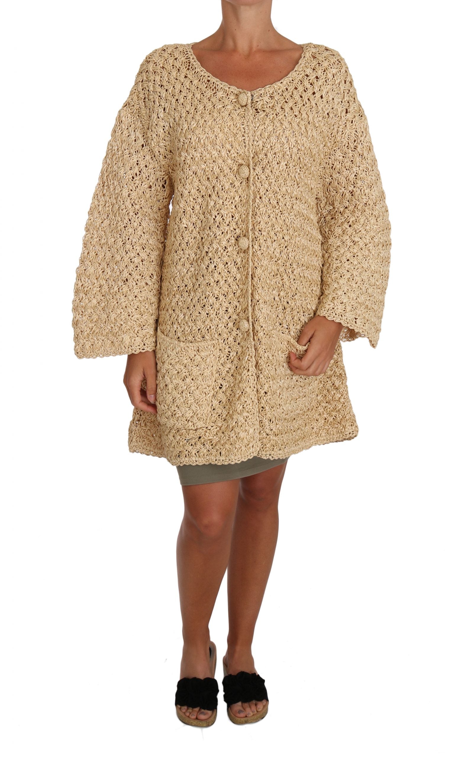 Cardigan beige en crochet Dolce & Gabbana en tricot avec détails en raphia, vue de face, style élégant et décontracté.