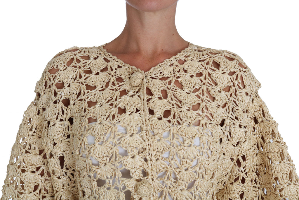 Cardigan beige en crochet en rafia Dolce & Gabbana, pull en tricot élégant avec détails tressés.