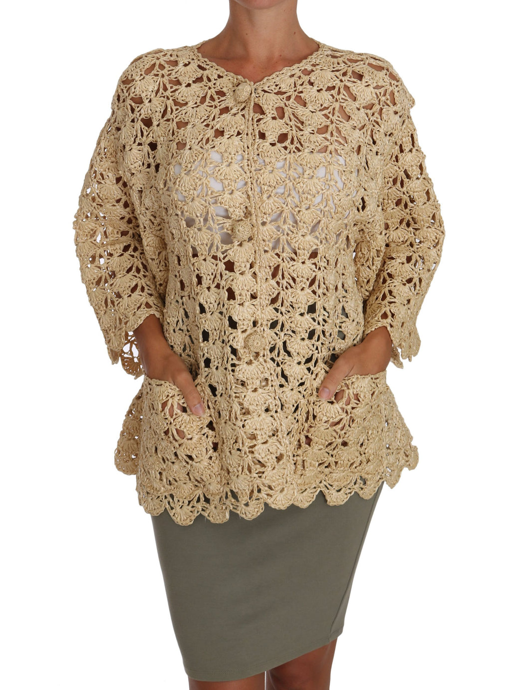 Cardigan beige en crochet et rafia de Dolce & Gabbana, pull à manches longues avec détails tissés pour femme