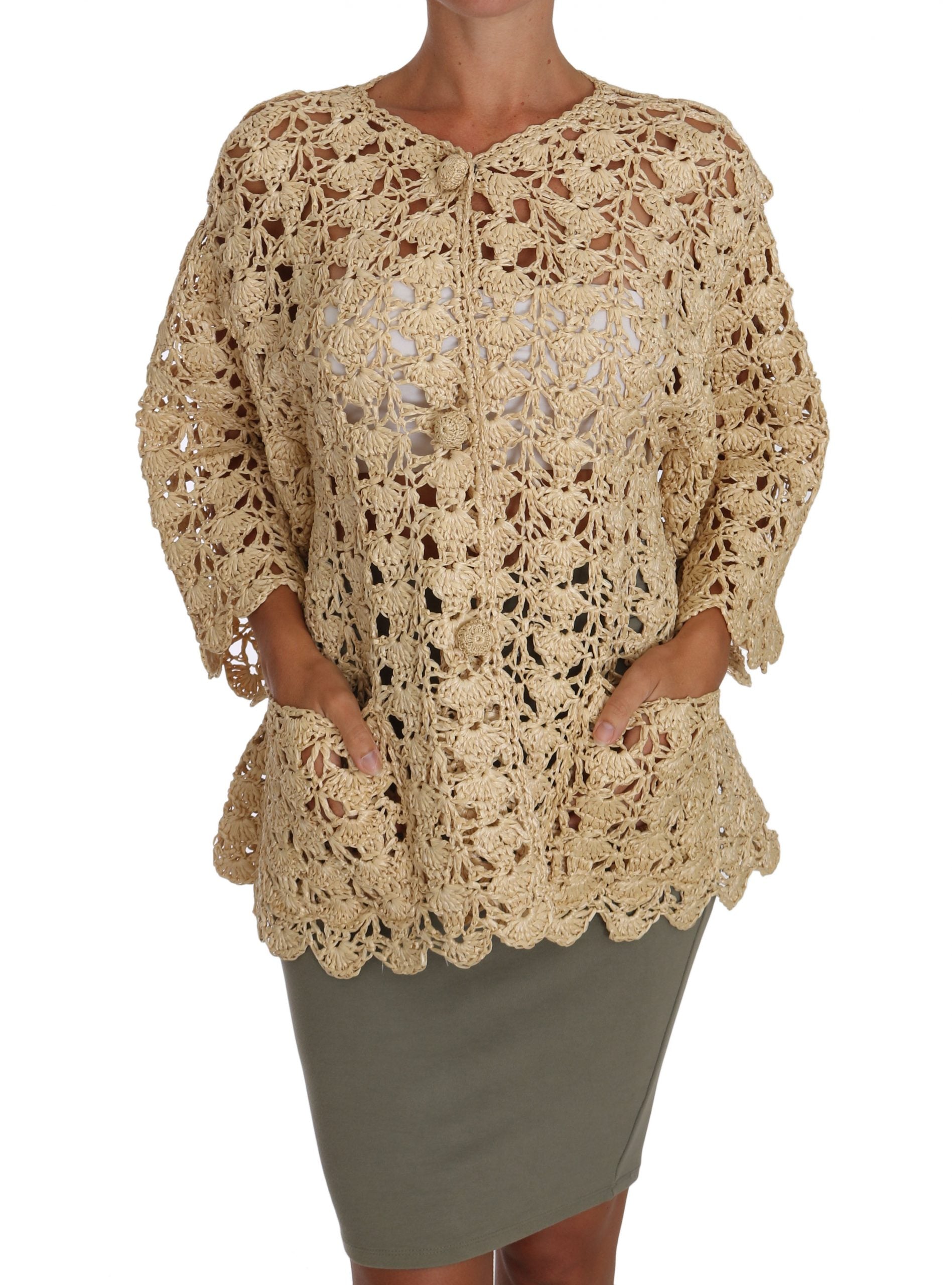 Cardigan beige en crochet et rafia de Dolce & Gabbana, pull à manches longues avec détails tissés pour femme