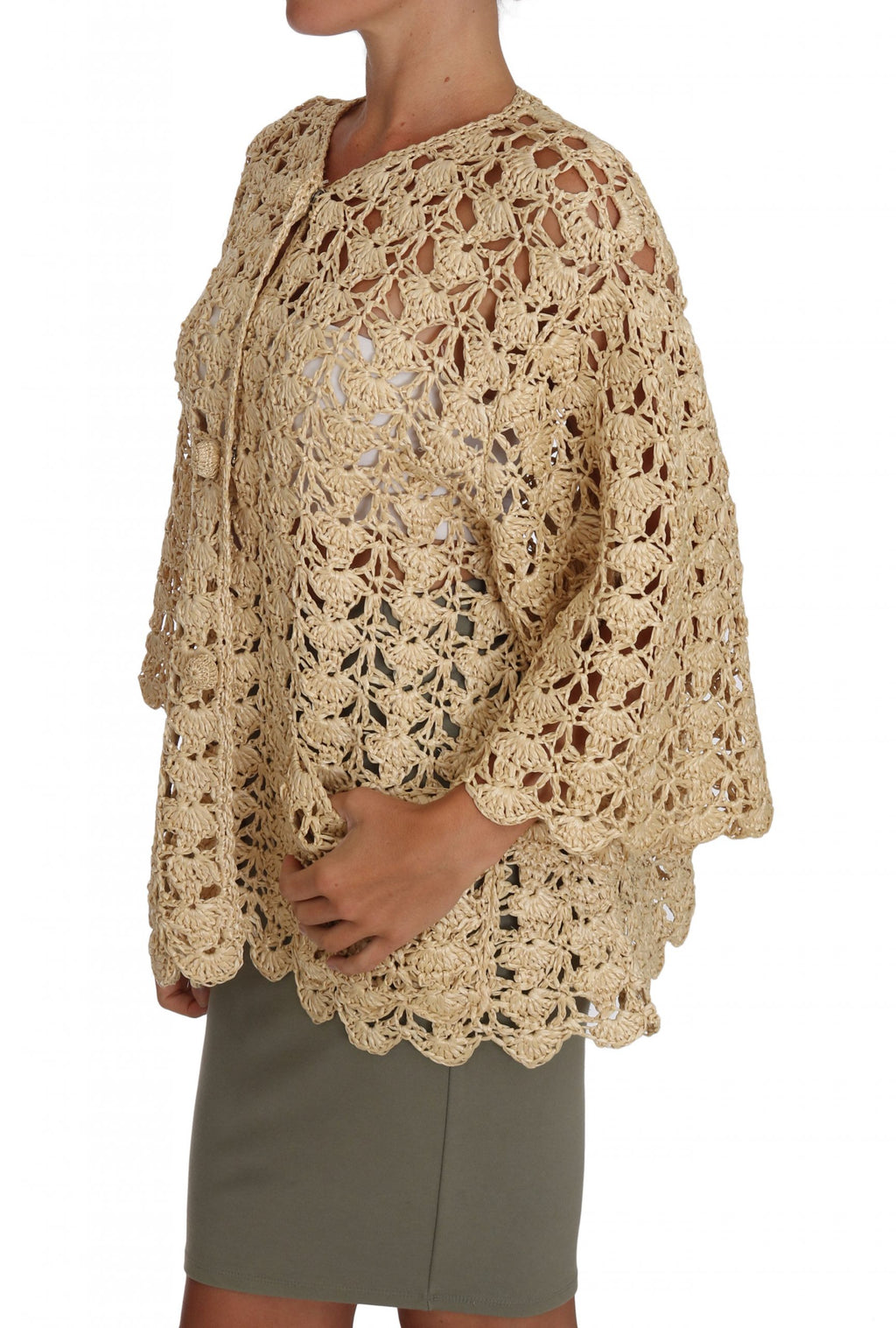 Cardigan beige Dolce & Gabbana en crochet tricoté avec rafia, pull élégant en maille pour femme.