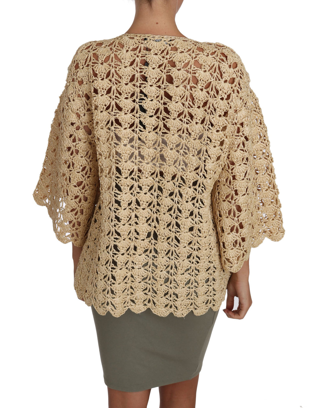 Cardigan beige en crochet en raffia de Dolce & Gabbana, pull tricoté, à manches longues et détails tressés.