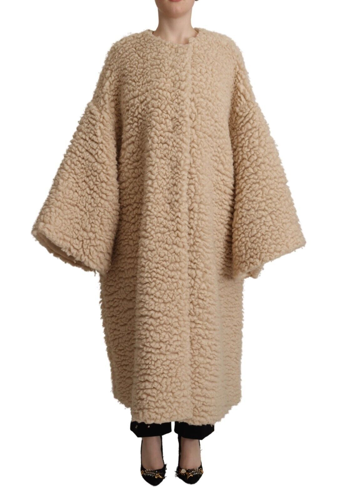 Veste en laine et cachemire beige Dolce & Gabbana avec fausse fourrure, élégante et chaude, vue de face sur un fond neutre.