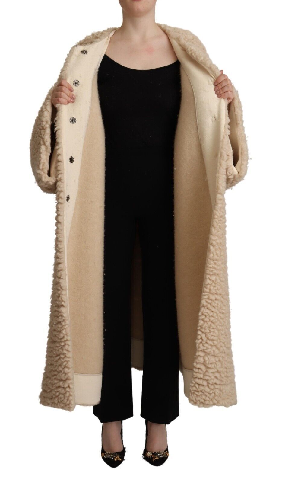 Manteau beige en cachemire, laine et fausse fourrure Dolce & Gabbana, veste élégante pour femme.